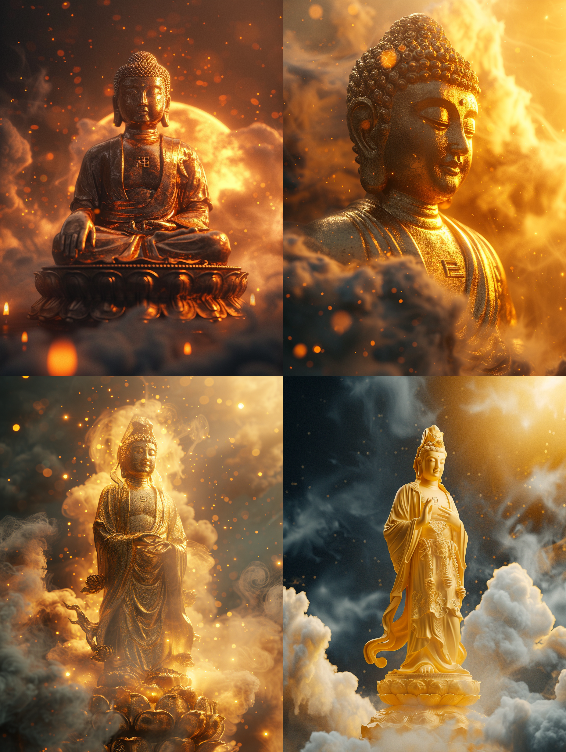 prompt. 金色中国式佛像，庄严神圣，光芒四射，梦幻云雾细节，新年氛围，3d数字渲染，莱卡镜头，uhd,8k，超真实，超现实，梦幻星云背景，大师级工匠作品，佛光普照，精雕细琢。