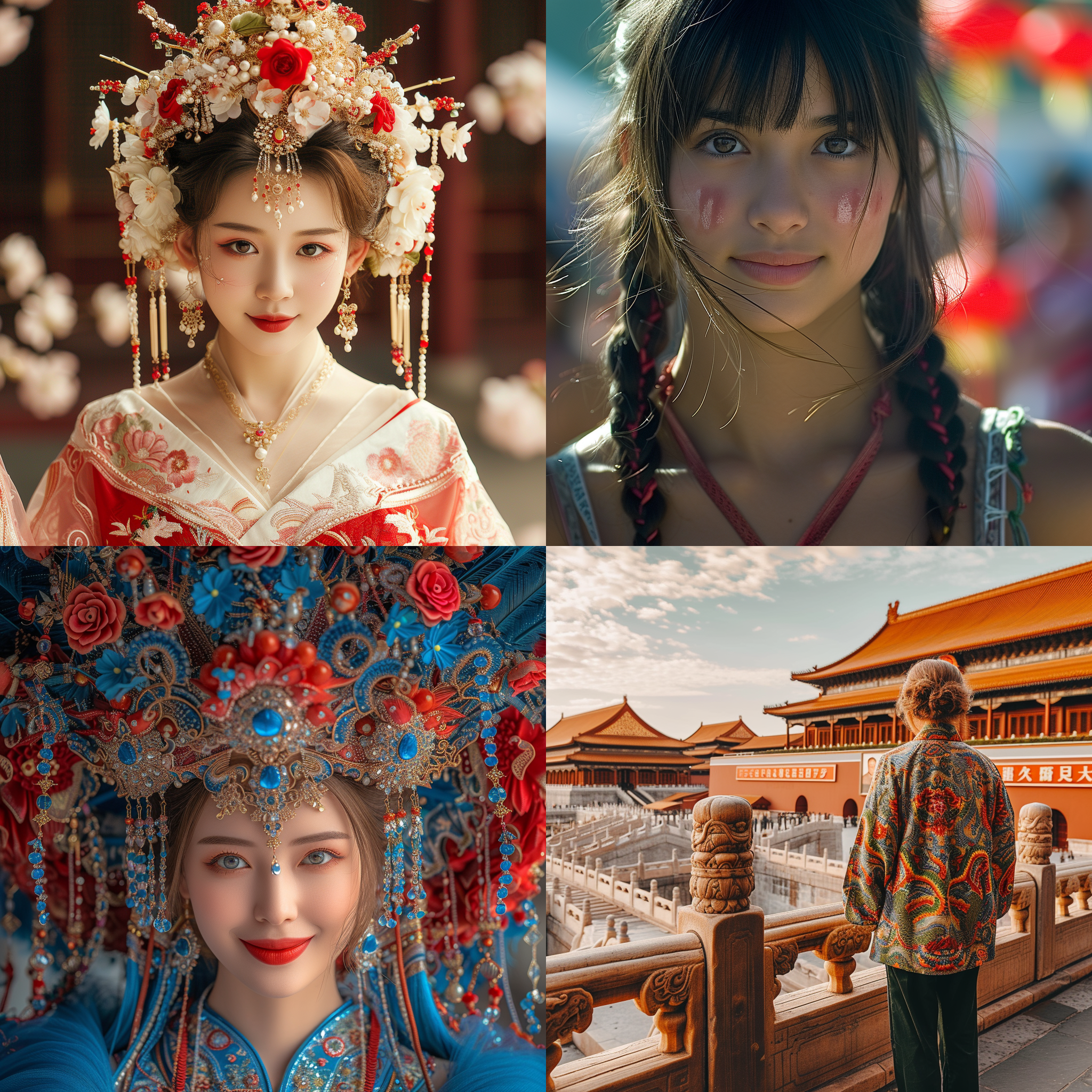 东方女孩，中国传统服装，北京故宫里，龙年春节，肖像模式，建筑背景，中长焦镜头，自然光，微笑，绚丽色彩，喜庆氛围。