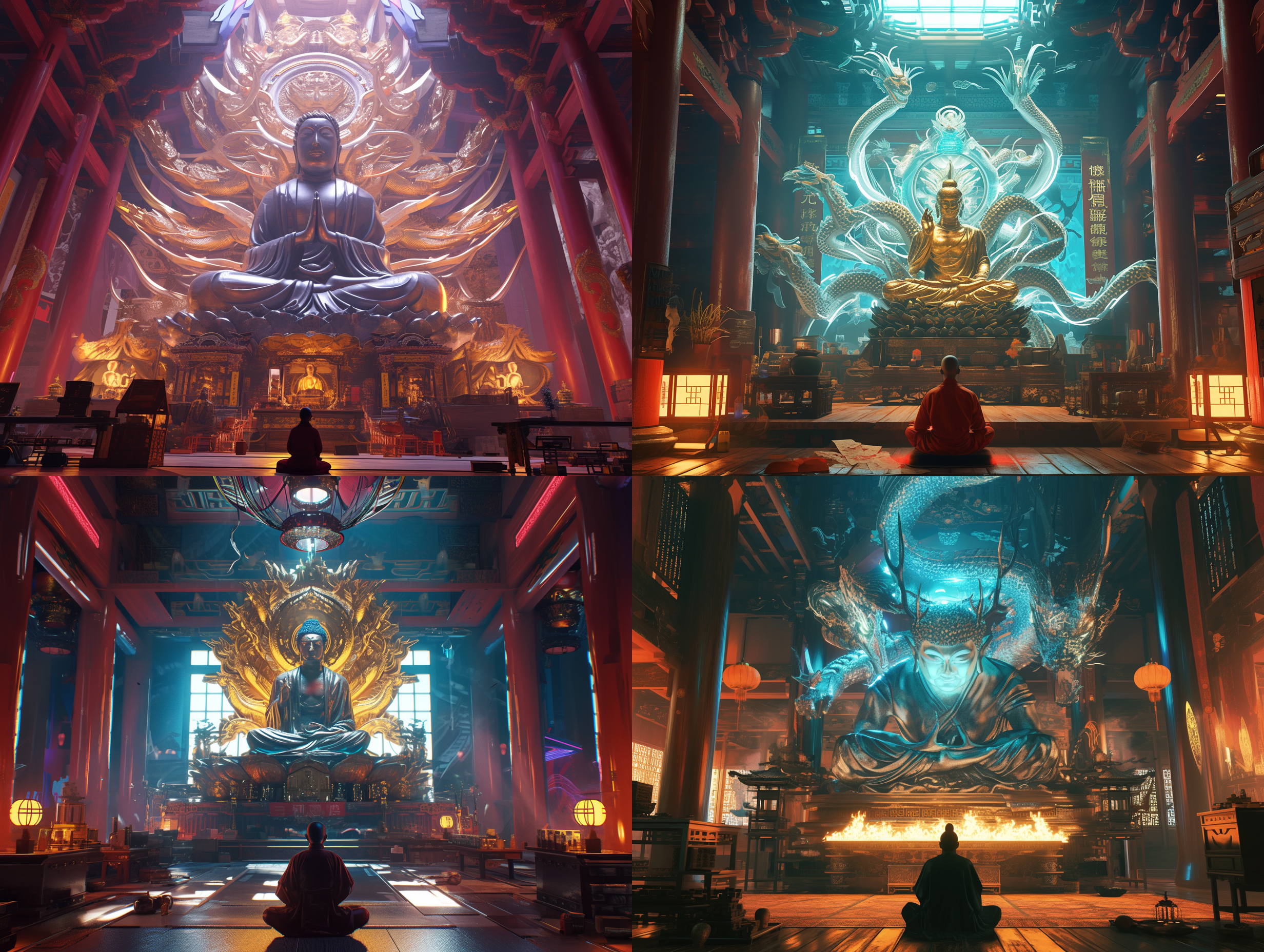 prompt. 赛博朋克风格，中国新年，寺庙内九龙观音佛像，神圣面容，佛光普照，佛像前一和尚端坐念经，祈福，新年元素，未来科技感，大师级工艺，莱卡镜头，uhd, 8k3d数字渲染，中景视角，正面拍摄，电影摄影。