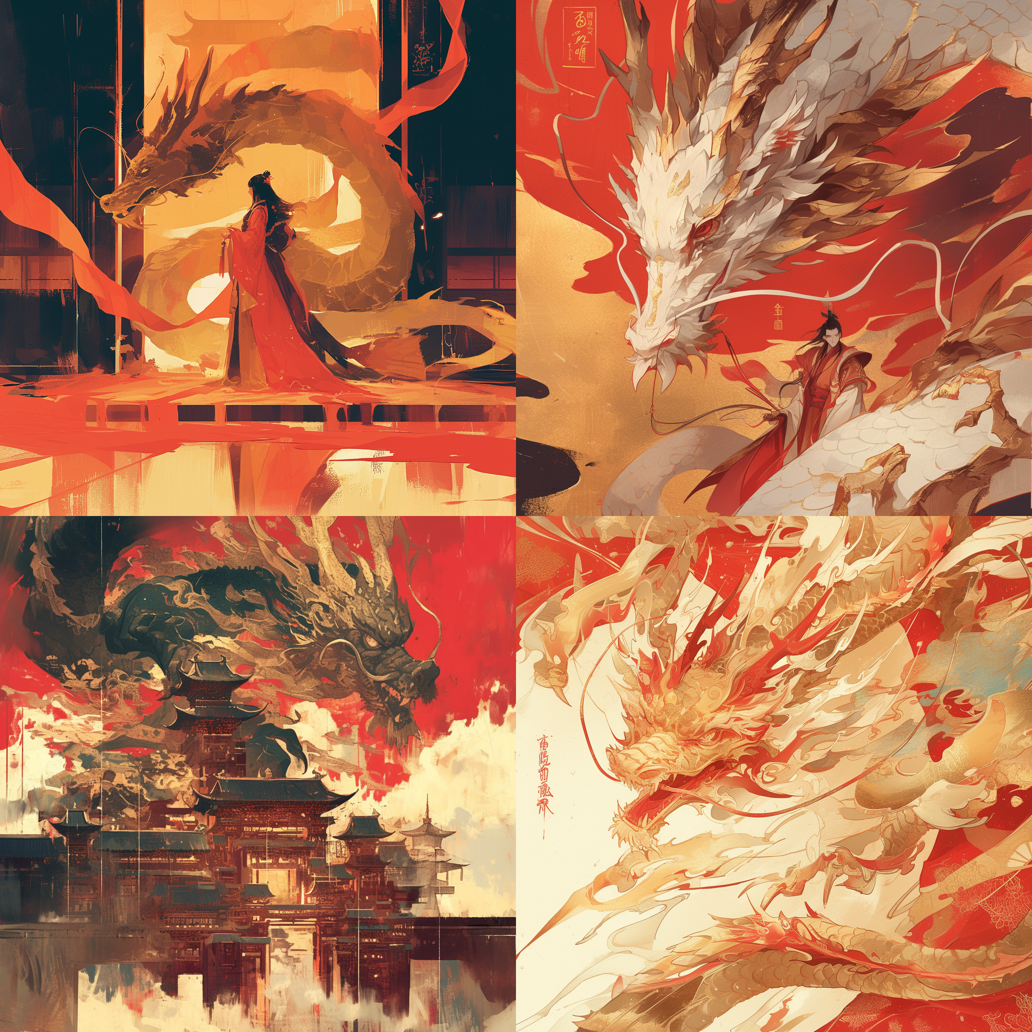 prompt. 2024龙年，古风题材，中国传统建筑，红色金色主调，朦胧光影，对联书法，威严神秘氛围，细腻笔触，静态。