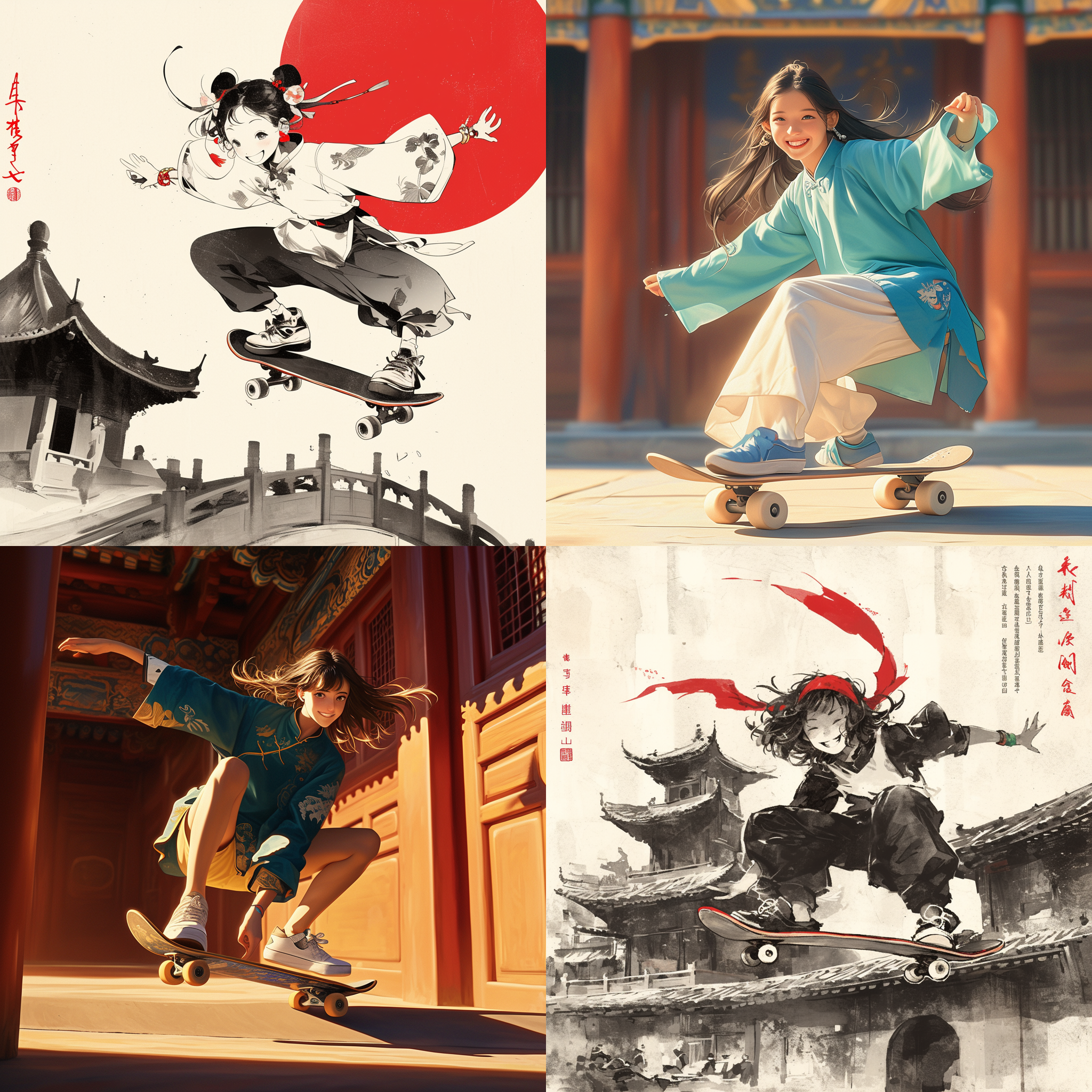 少女穿着传统中式服饰，在古典建筑背景下滑板。照片采用国画风格，以横幅式构图展示。少女面带微笑，眼神自信。光线柔和，突出少女的动作和表情。画面色调以柔和的水墨色为主，突显中式风格。 滑板姿势流畅，充满活力。 中式风格, 古典建筑, 国画, 少女, 滑板, 横幅式构图, 微笑, 自信, 柔和光线, 水墨色调, 活力