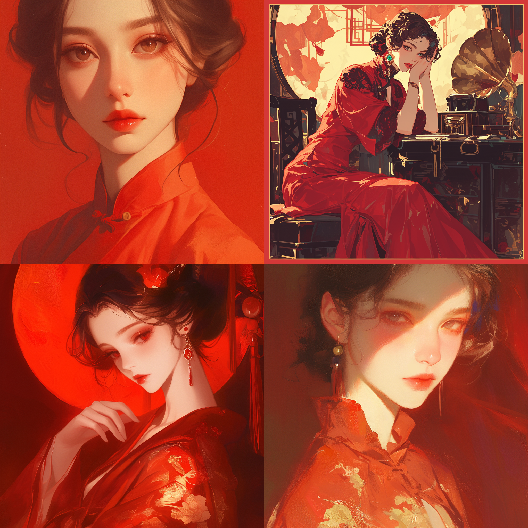 prompt. 民国上海美女，古典服饰，海报风格，中央构图，复古色调，肖像镜头，柔和侧光，优雅动作，经典元素，暗红色调，自信。