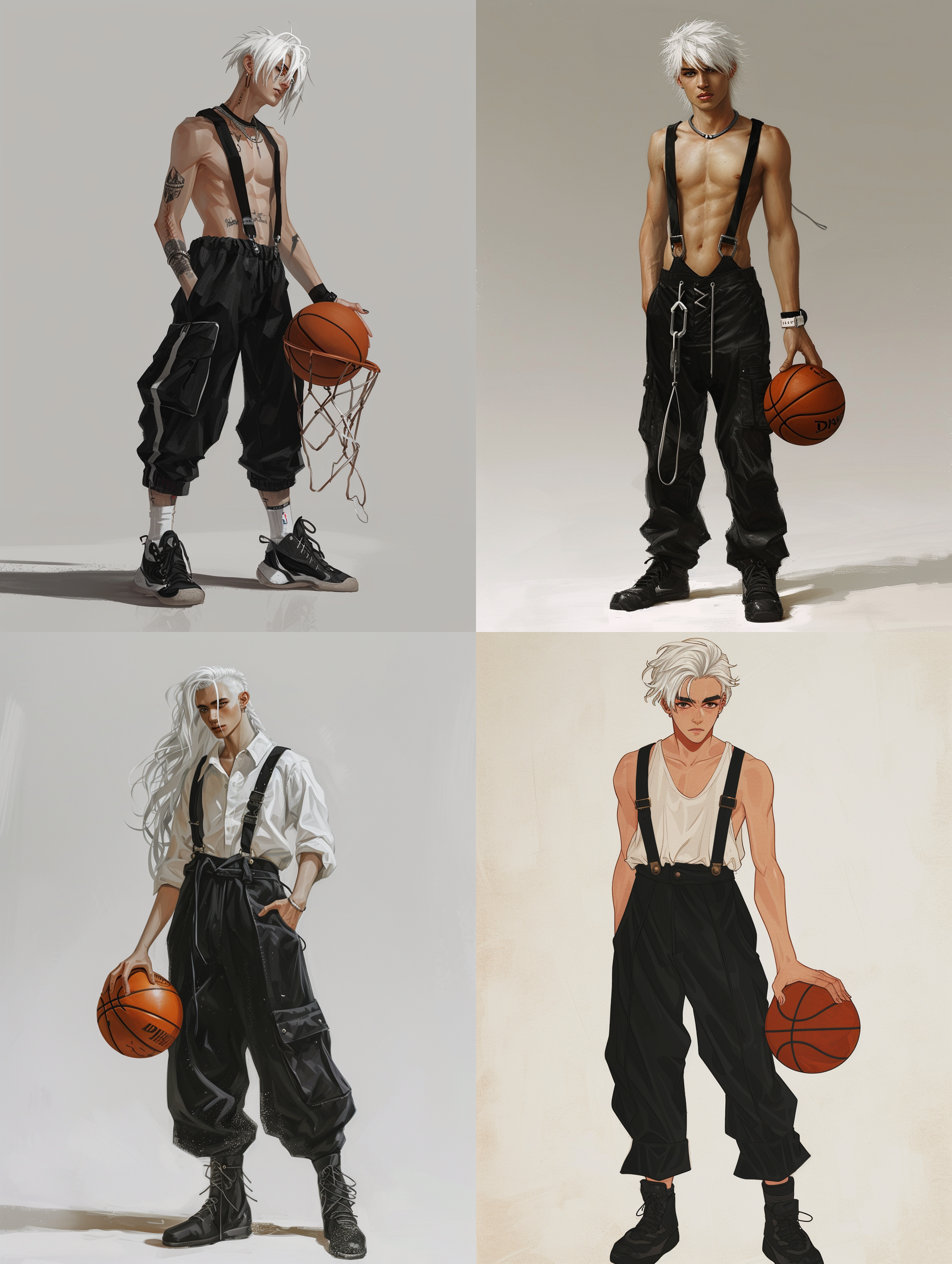 中分头，黑色背带裤，篮球，白发，男生