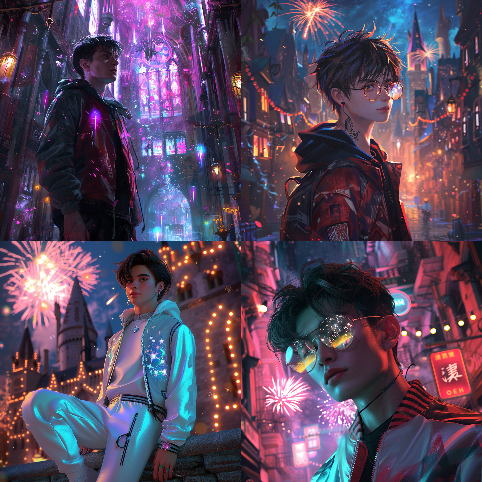 头像，25岁男性，年轻赛博朋克风格，动漫3d风格，泡泡玛特风格，短发，运动服装，春节放烟花的霍格华兹城堡内部，明亮色调，宽广角度，环境细节，光影效果，自信表情，鲜艳色彩，充满活力。