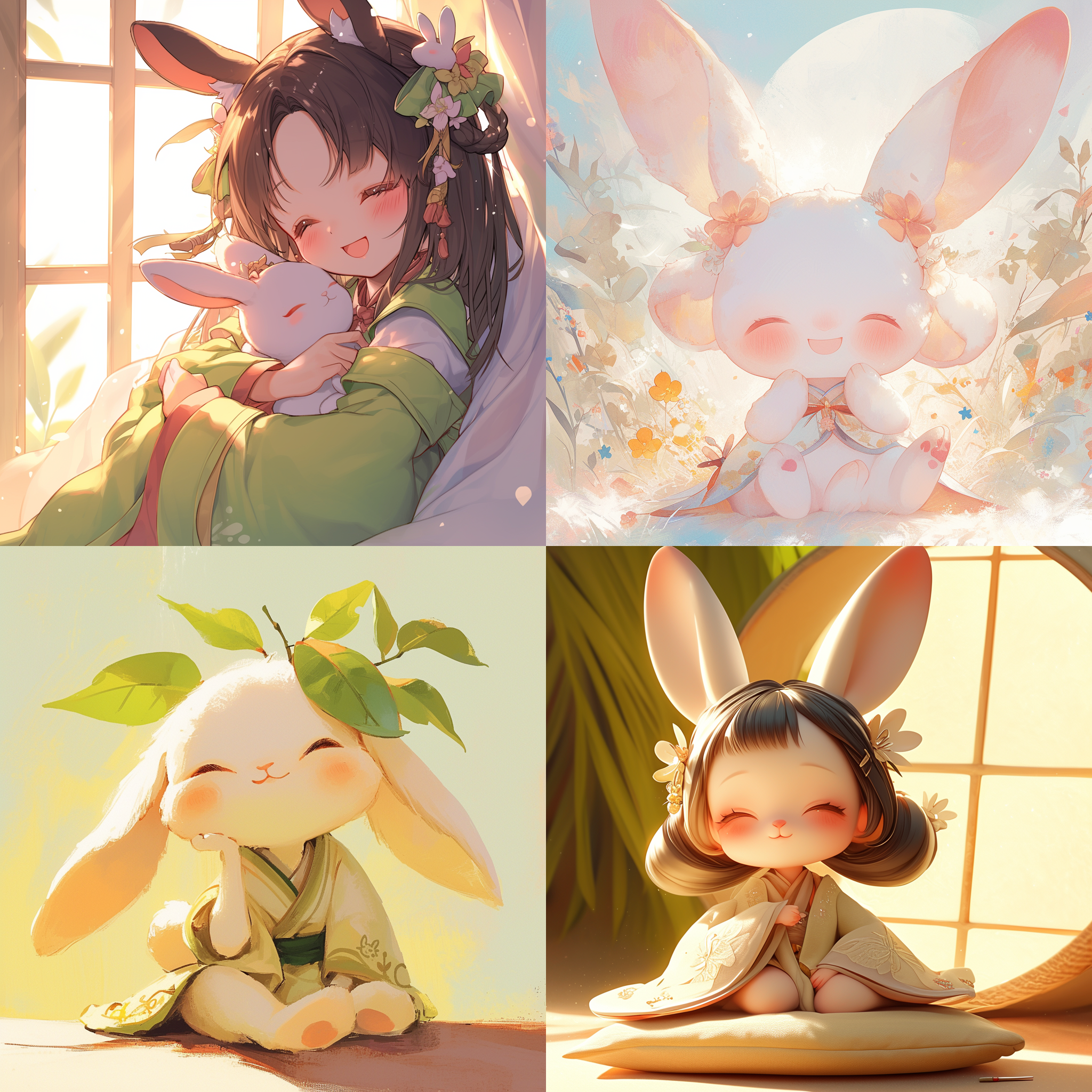 prompt. 玉兔公仔，小嫦娥，日系动漫，萌宠，治愈系，细腻表情，比例3：4, 轻松自然，柔和色调，逆光，微笑，可爱。