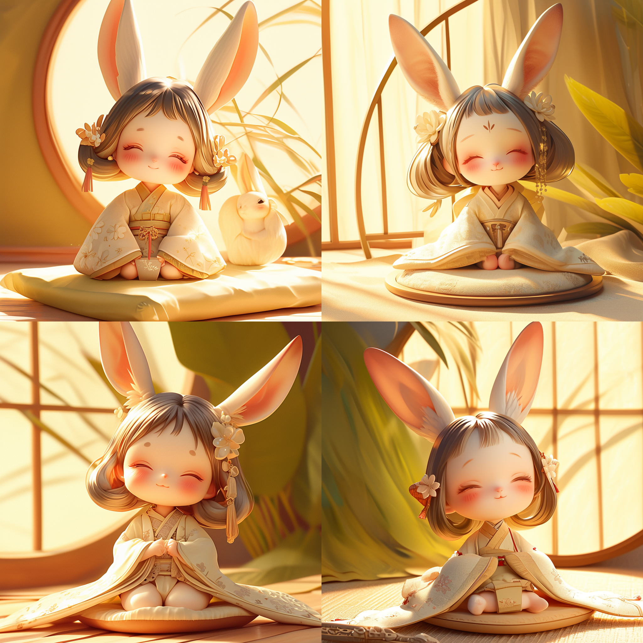 prompt. 玉兔公仔，小嫦娥，日系动漫，萌宠，治愈系，细腻表情，比例3：4, 轻松自然，柔和色调，逆光，微笑，可爱。