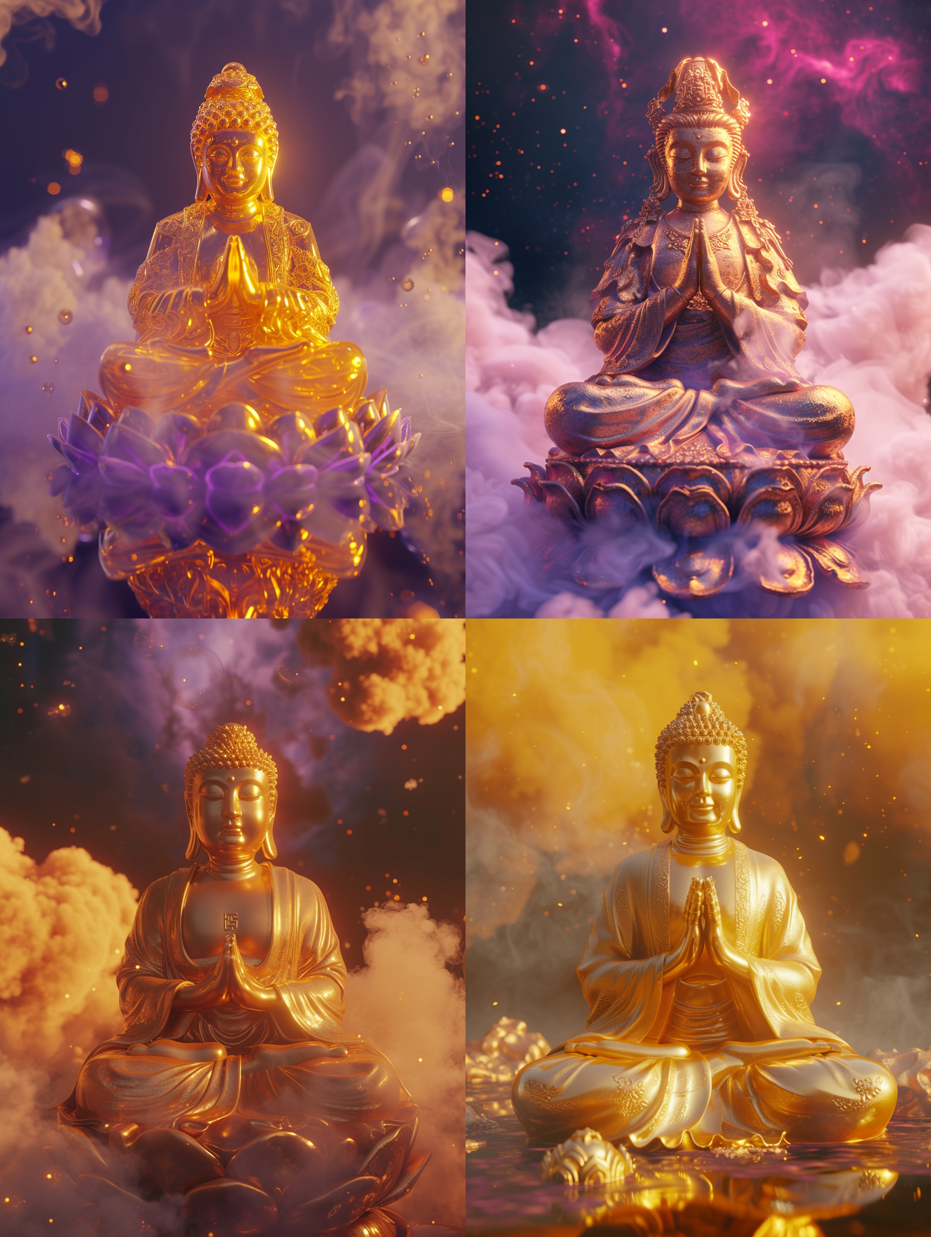 金色中国式佛像，双手合十，端坐紫金莲上，庄严神圣，光芒四射，梦幻云雾细节，新年氛围，新年元素，3d数字渲染，莱卡镜头，uhd,8k，超真实，超现实，梦幻星云背景，大师级工匠作品，佛光普照，精雕细琢。