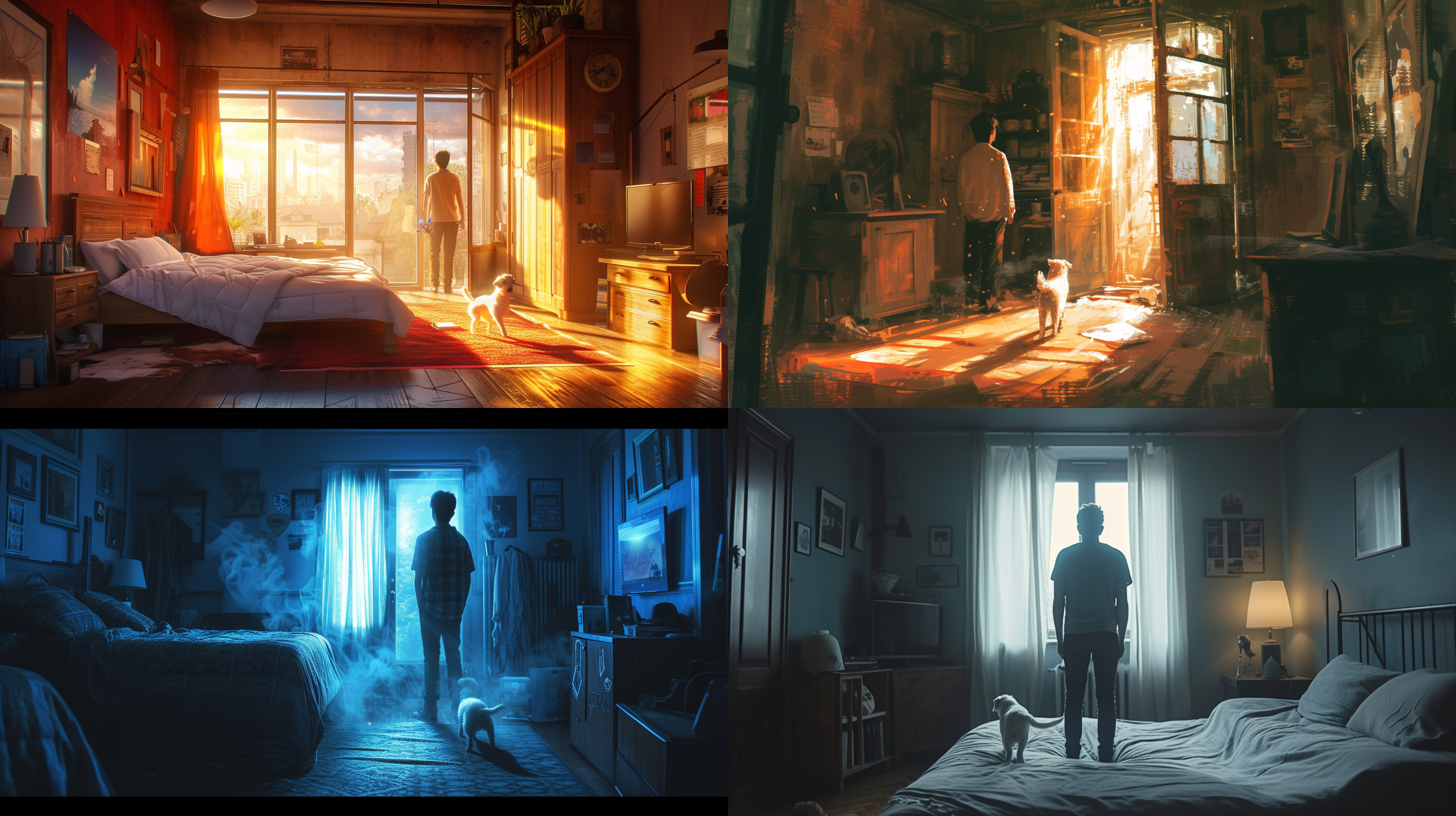 卧室门口，站着的男人旁边有一只乱窜的小白狗，开着的门，急促，紧张，危险，冷色调，逆光，全景