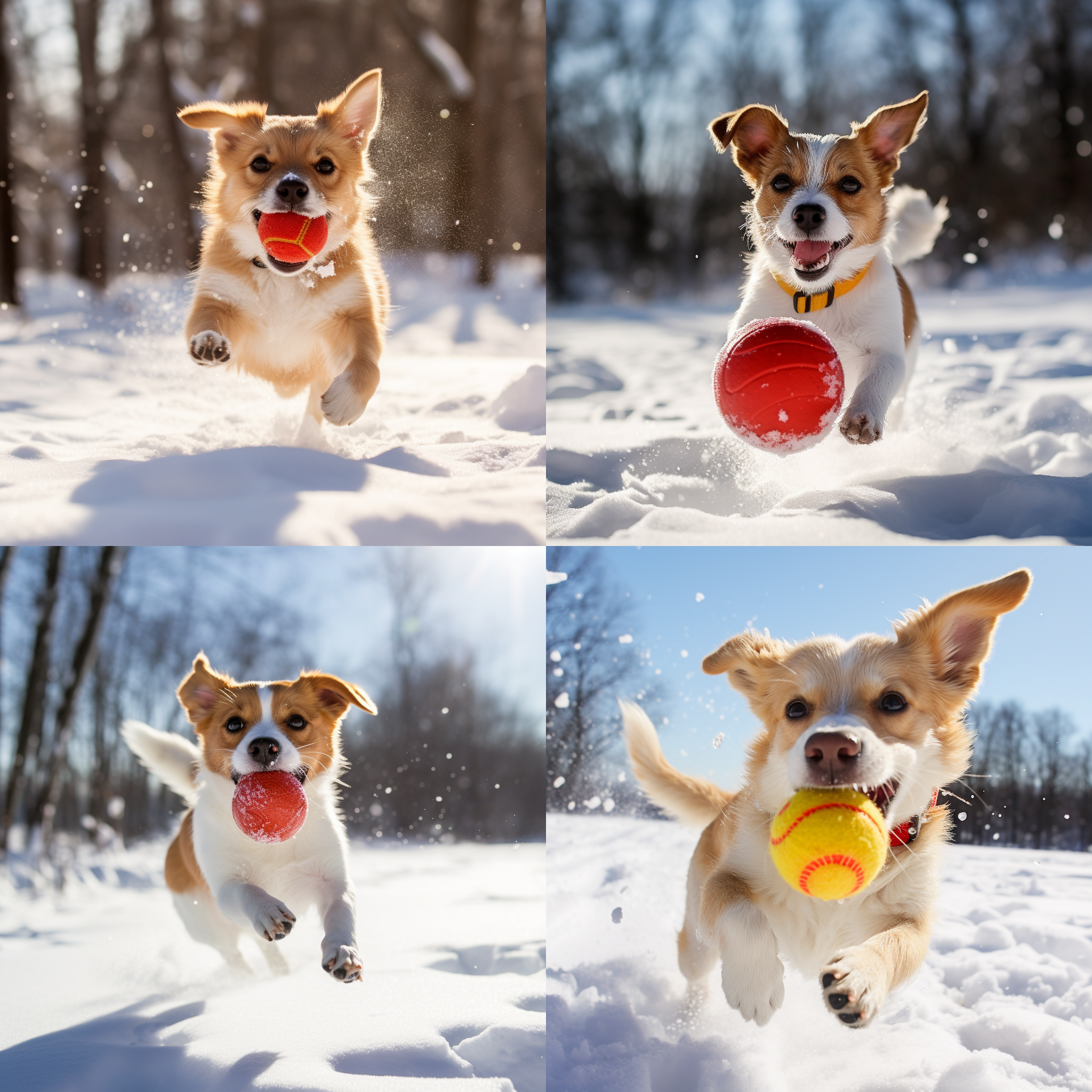 黄白相间的小土狗在雪地里玩红色球，低角度，冬季景色，暖色调，长焦镜头，自然光，快门延迟，跳跃，欢快。
