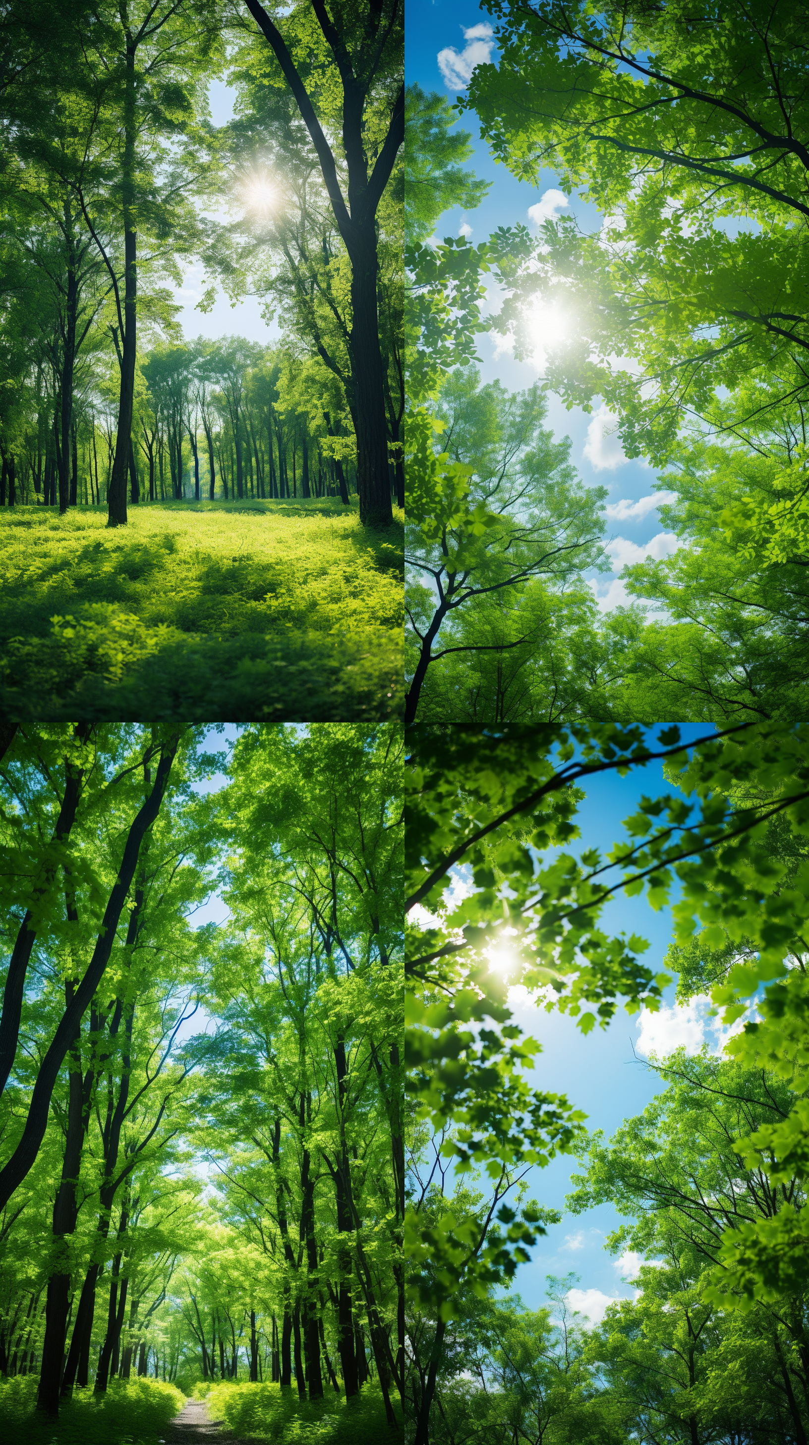 蓝天阳光透过绿树，仰拍，构图留白，自然风景，逆光，长焦镜头，和谐色调，清新，宁静。