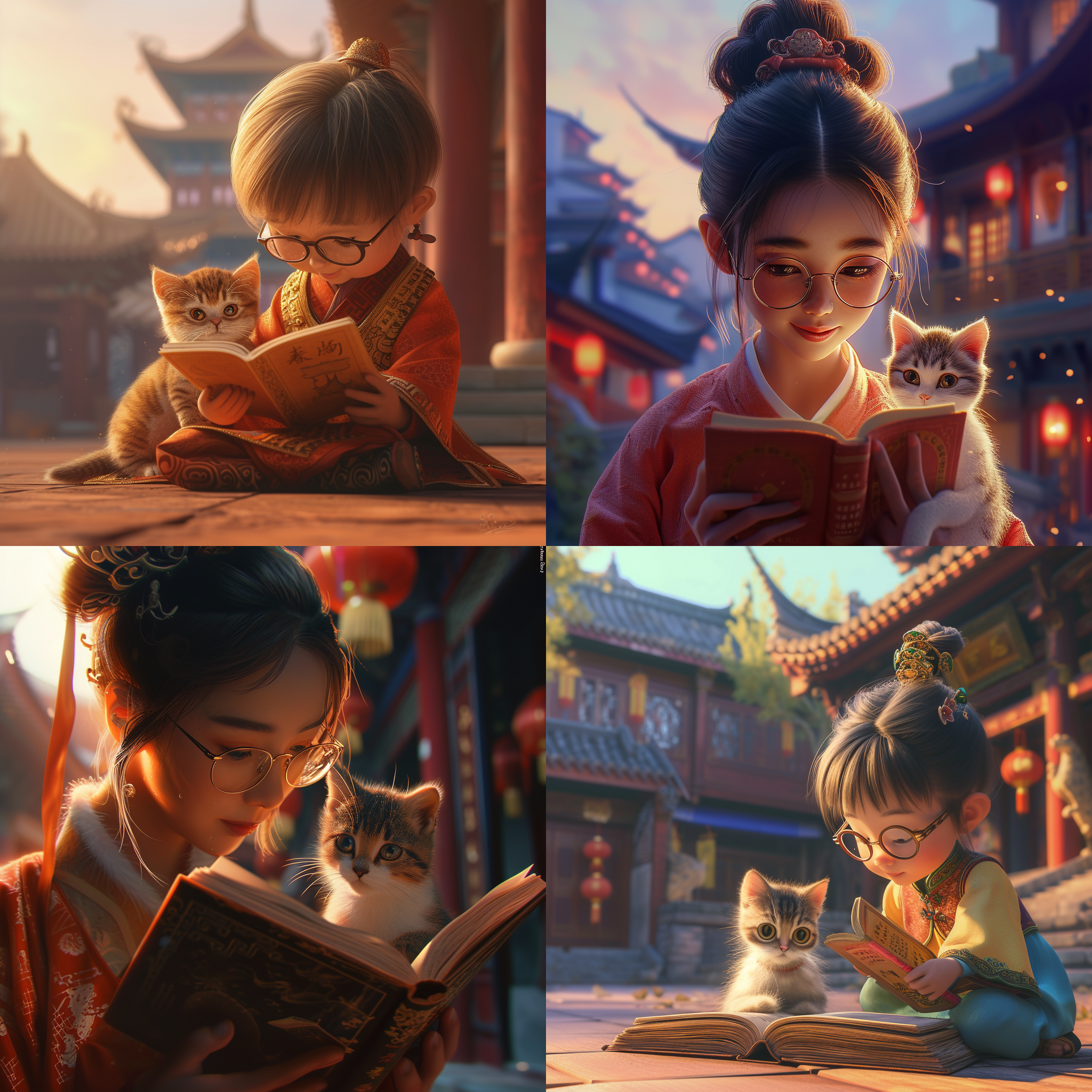 戴眼镜小猫阅读，少林寺门前，练功小和尚，彩色照片，虚拟人物画，温馨氛围，柔和光线，注视书本，镜头聚焦，细节清晰，鲜艳色彩，可爱，cg艺术，3d渲染，近景。