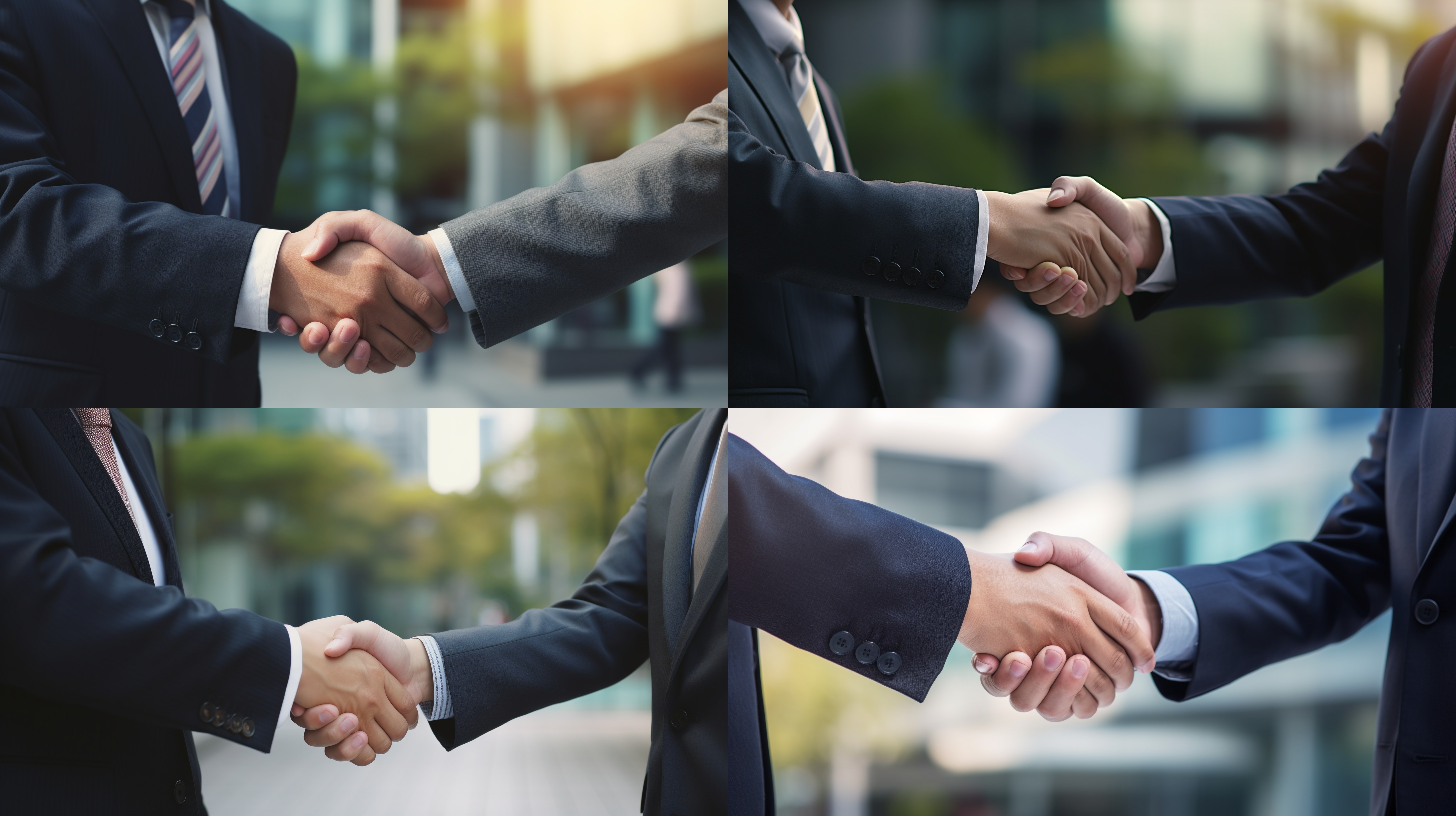 两个亚洲男子穿着西装，在办公楼主入口前握手道别，焦点集中在两只手上，使用佳能相机拍摄，背景模糊。商务风格，正式场合，握手，分别，别离，模糊背景，手部特写，专业外观，成熟，自信。