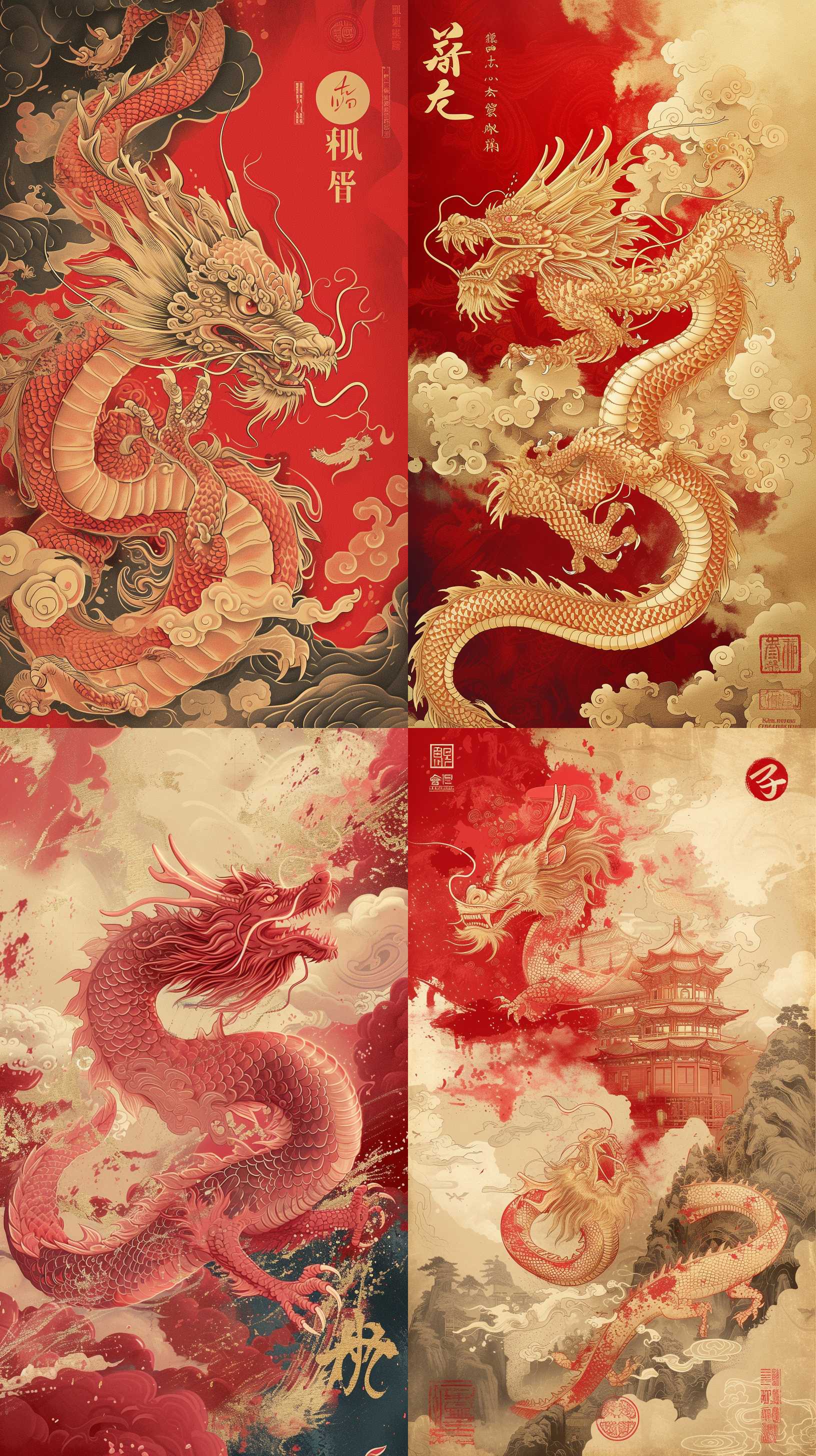 龙年海报，红金主导，充满活力喜庆。威严中国龙居中，风格化，盘旋或翱翔云中。传统中国书法元素。平衡构图，视觉吸引力强。高饱和度，金色调，中国元素，书法，对角线布局，云朵背景，威严，喜庆，力量，好运。