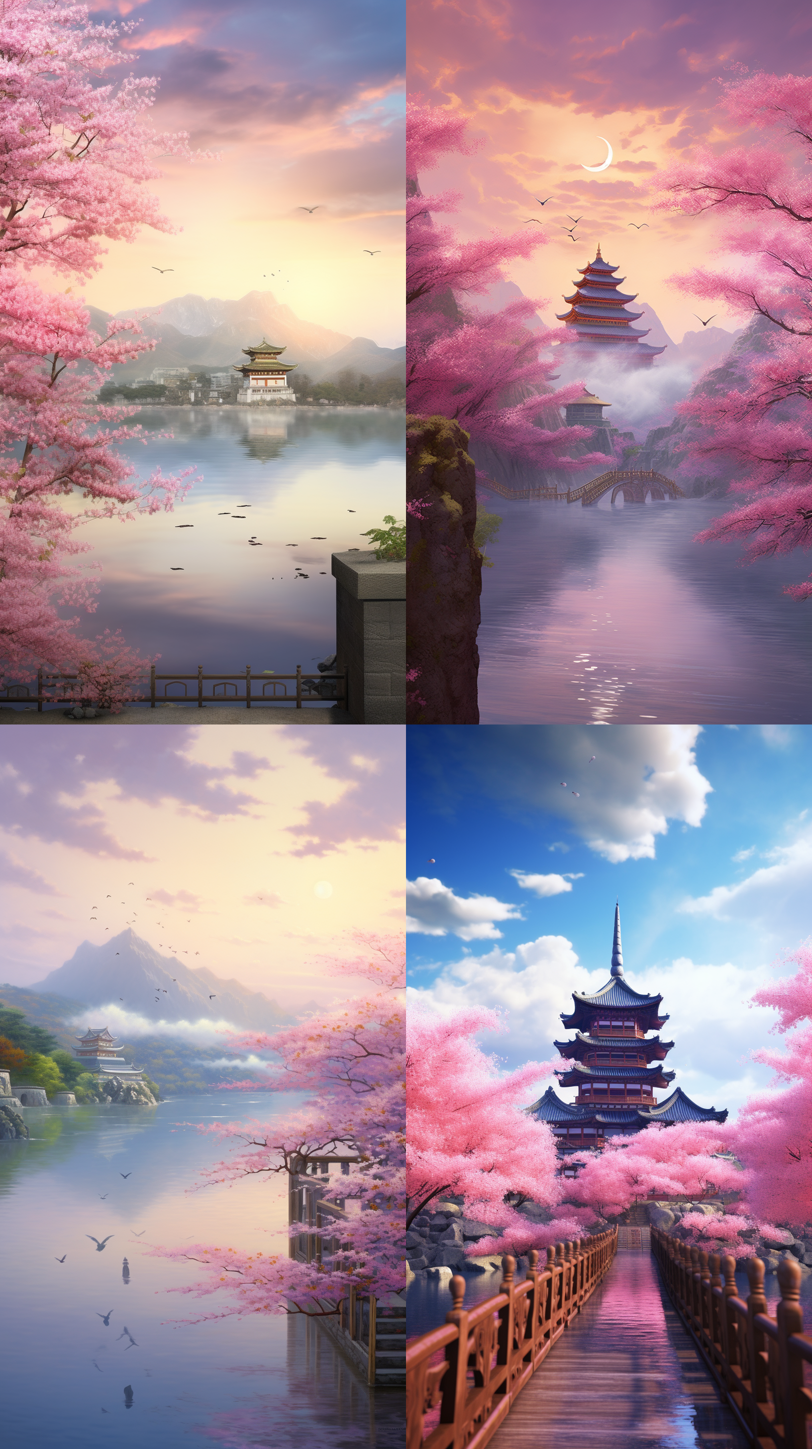 真实的摄影风景画，无与伦比的真实感，广阔的视野，一张张美丽的画描绘了中国宫殿的美景，无边无际的桃花池深达数千英尺，许多许多的桃树和桃花覆盖了整个晶莹剔透的湖泊，笼罩在云雾中，粉红色的云漂浮在天空，上面超宽的角度，托马斯金凯德，梦幻，4k，浪漫，artstation的趋势。