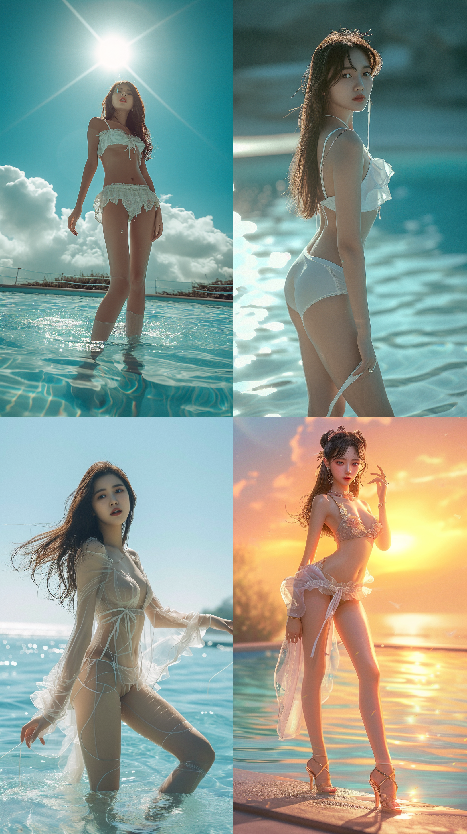 8k画质，中国绝世美女全身照。对角线布局，明亮色彩和柔和光线，突显出她的迷人风采和自信。五官端正的长腿少女在阳光下展现出苗条的身材，站在沙滩边，穿着丝袜和高跟鞋。泳池中的水波荡漾，为画面增添了动感。高清细节捕捉，迷人的表情、姿态，吸引人眼球。