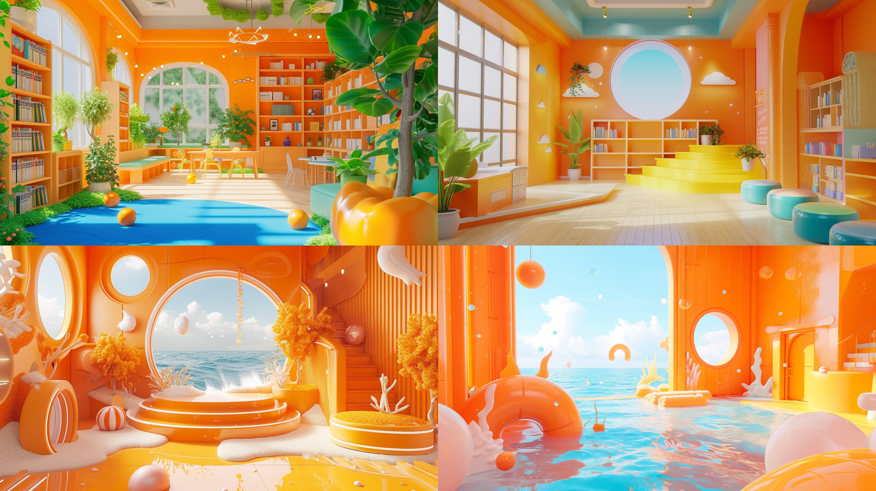学校海边景色，橙色调，可爱造型。高端自然配色，泡泡商城风格，明亮和谐，可爱多彩，光线追踪，设计简洁，ip盲盒形象，海派，有机雕塑，c4d风格，卡通写实，图书插图风格，4k展示。