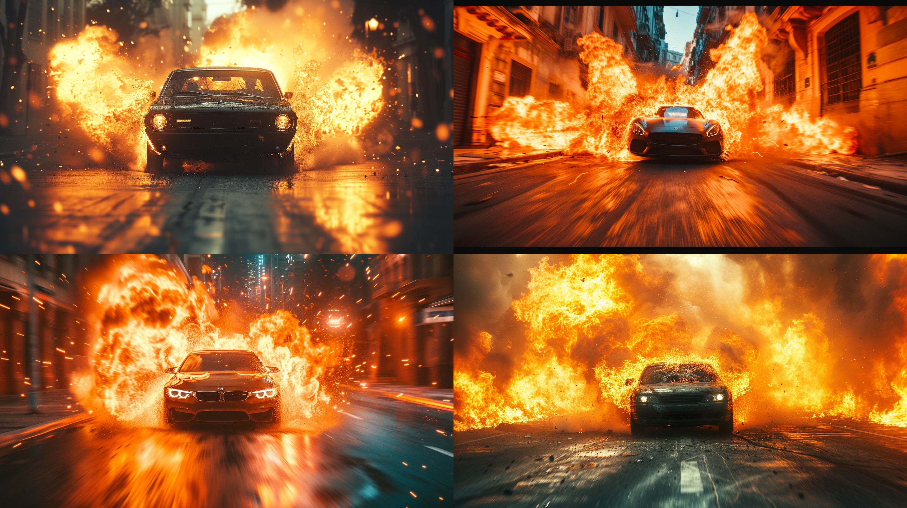 高清晰度，街头警匪冲突，街头汽车追逐，视觉冲击强烈。构图对称，广角镜头捕捉到火焰和烟雾的浓厚氛围，快速快门凸显出车速，车似乎要突破画面的边缘，给人一种紧迫感和震撼力。街景，宽景，速度与激情。