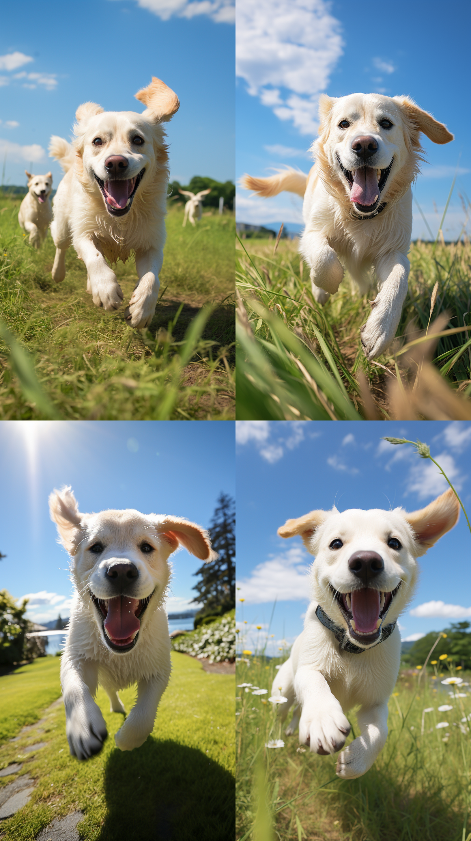 白色拉布拉多，草地上奔跑，广角镜头，明亮阳光照射，流线型构图，活力四溢，高速快门，快乐，自由，欢快，大自然，金毛，动态。 宫崎骏