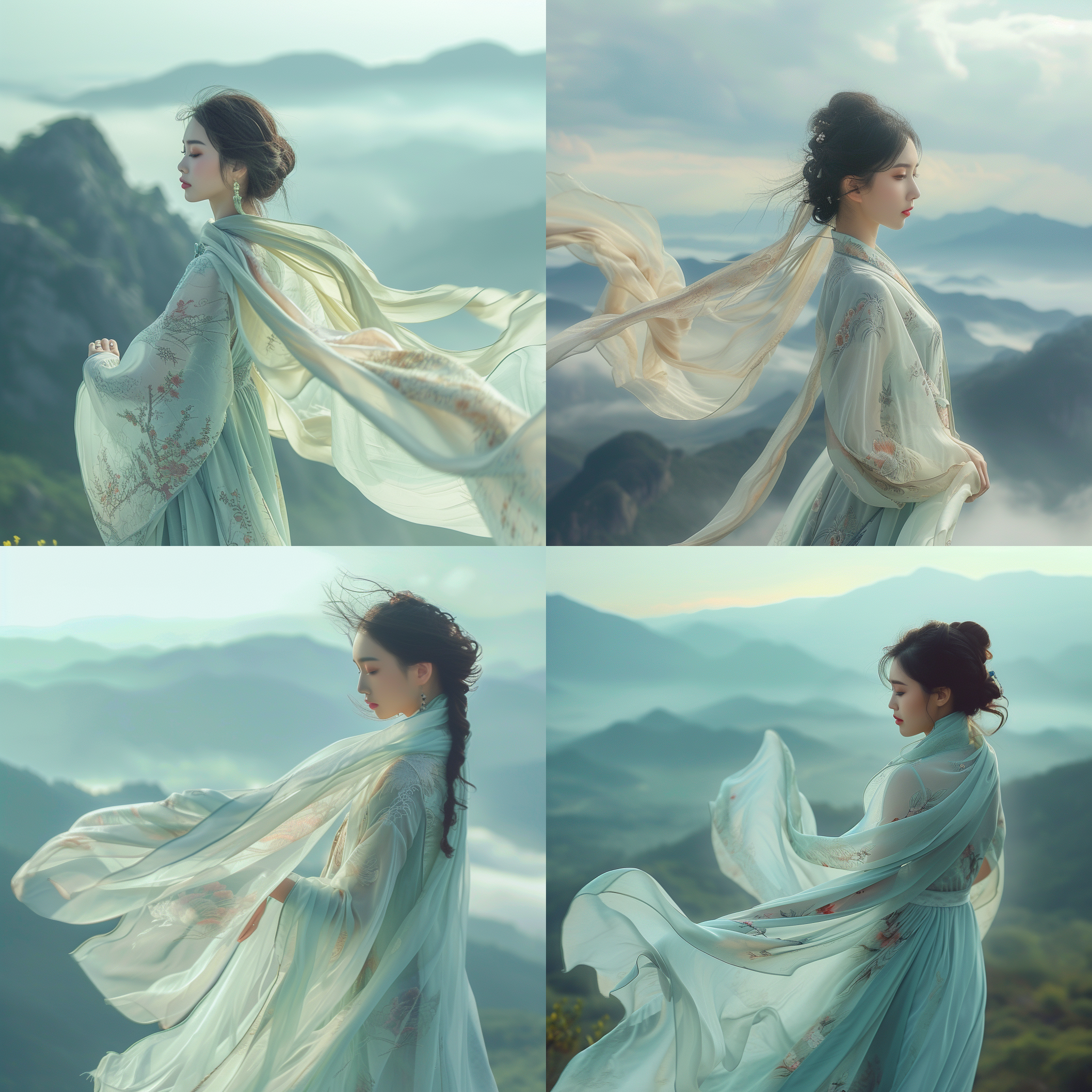 旗袍女子，对角线布局，群山，雾气，丝巾，优雅，动感，自由，柔光照射，柔和色调，婉约之美。