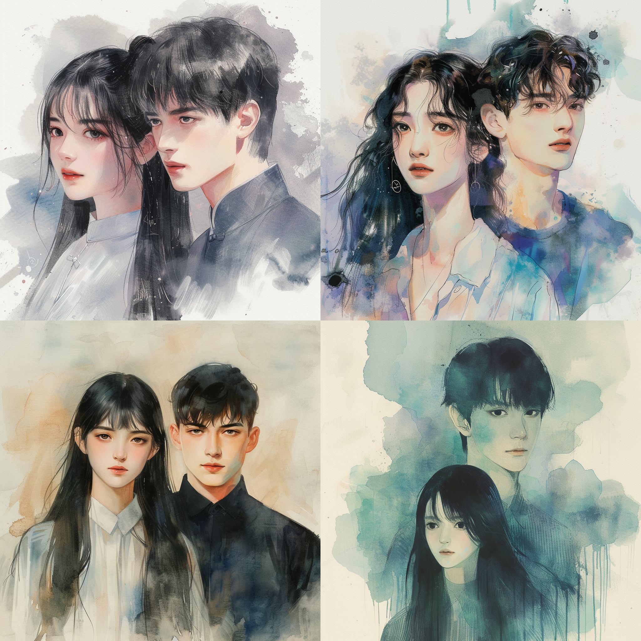 2024，龙年，情侣头像，水彩风，女孩留着黑色的长发，男孩留着短发，风格飘渺，梦幻般的品质，可爱而梦幻，直发，新流行感性，微妙的发光，动画电影先锋的风格，强烈的光与暗的对比，细腻的写实主义，色彩丰富，具有迷人的水墨风人物风格，转瞬即逝的光影对比，柔焦人像，横图，正脸照