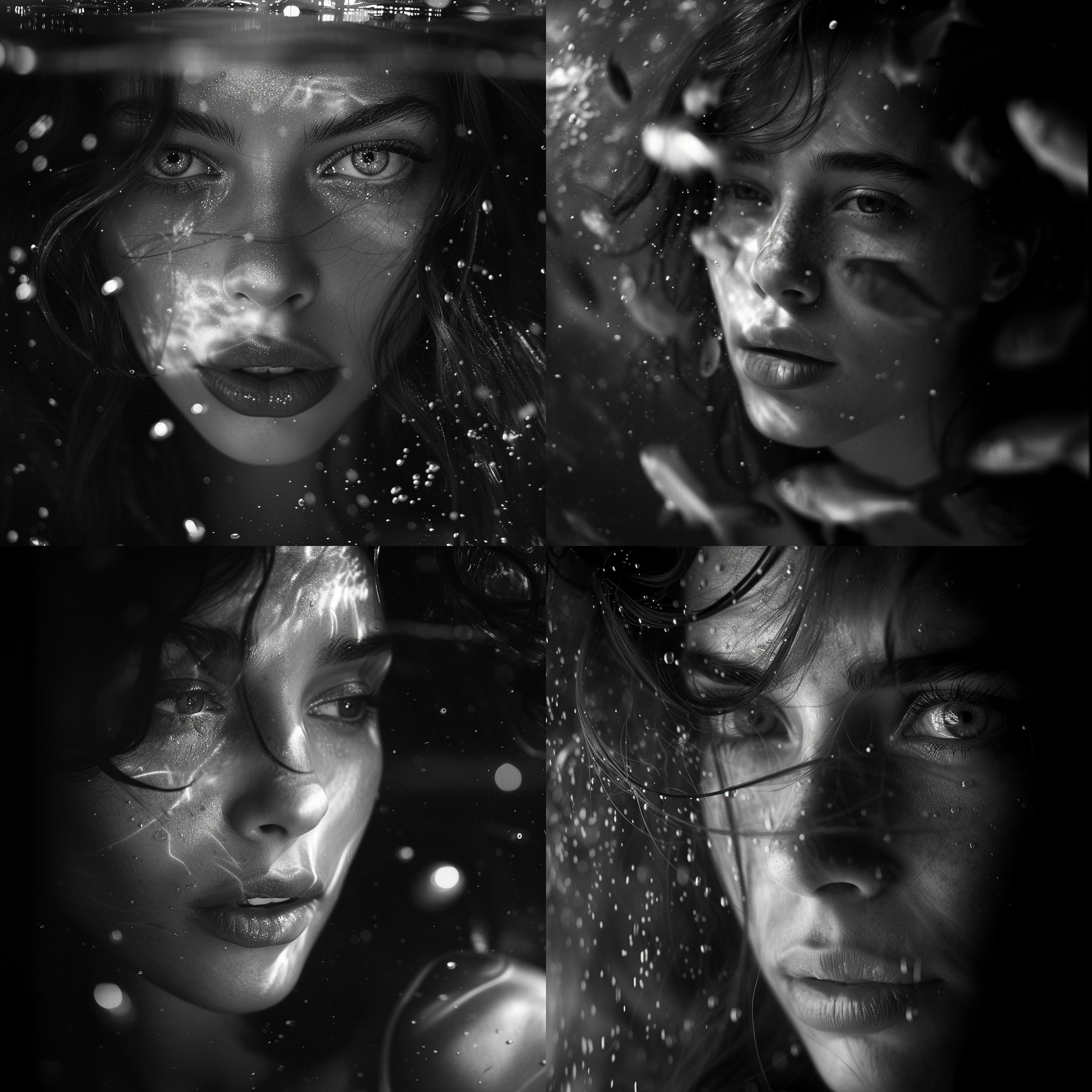 风格化人物肖像，黑白照片，近距离拍摄，透过鱼缸拍照，野性美女，高对比度，抽象背景，长焦镜头，明亮光线，动态姿势，纹理丰富，活力四溢，快门速度快，色彩鲜明，自然表情。