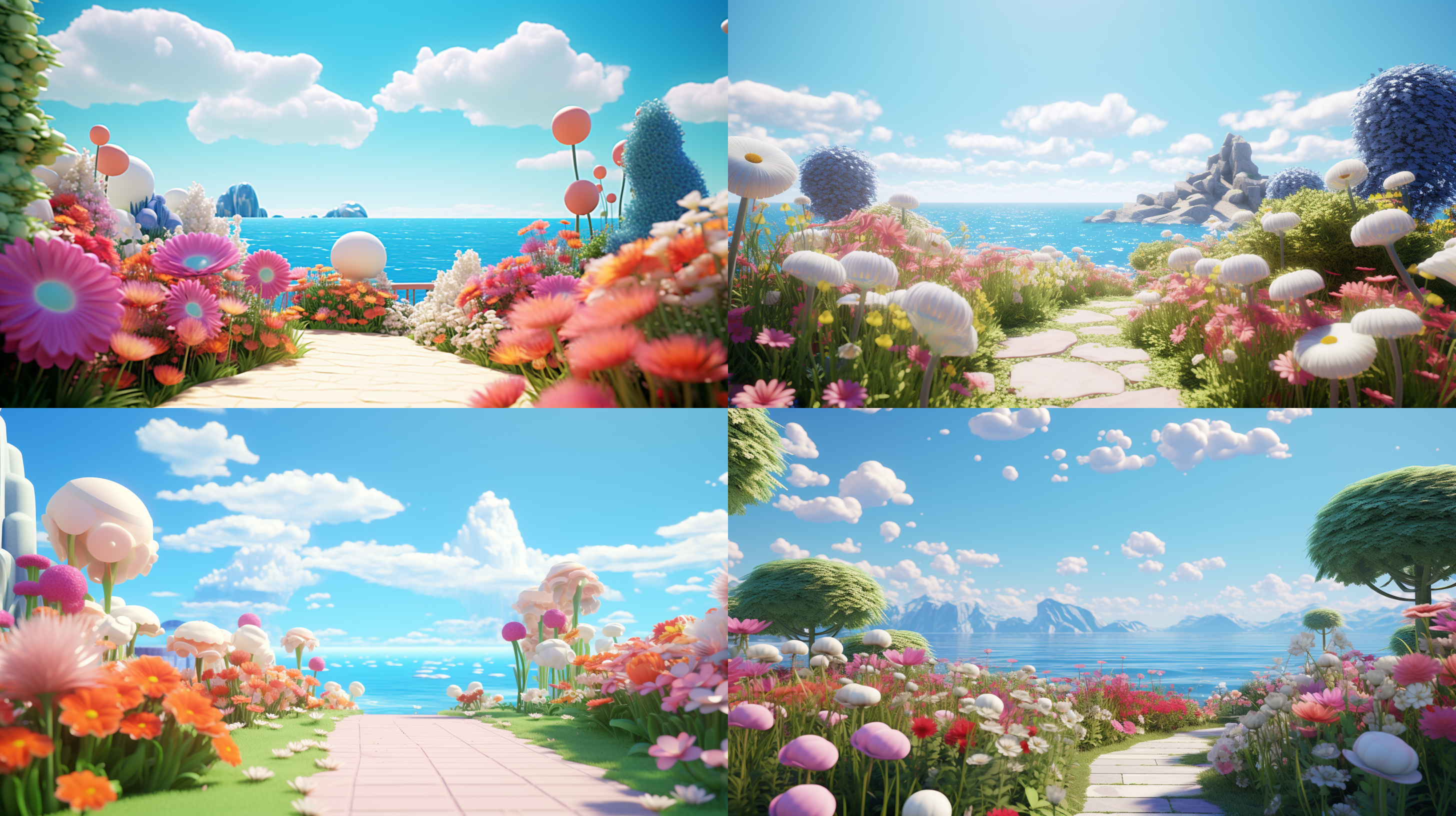 美丽小花园，鲜花草坪，海天背景，自然充实。高端自然配色，泡泡商城风格，明亮和谐，可爱多彩，光线追踪，设计简洁，ip盲盒形象，海派，有机雕塑，c4d风格，卡通写实，图书插图风格，4k展示。