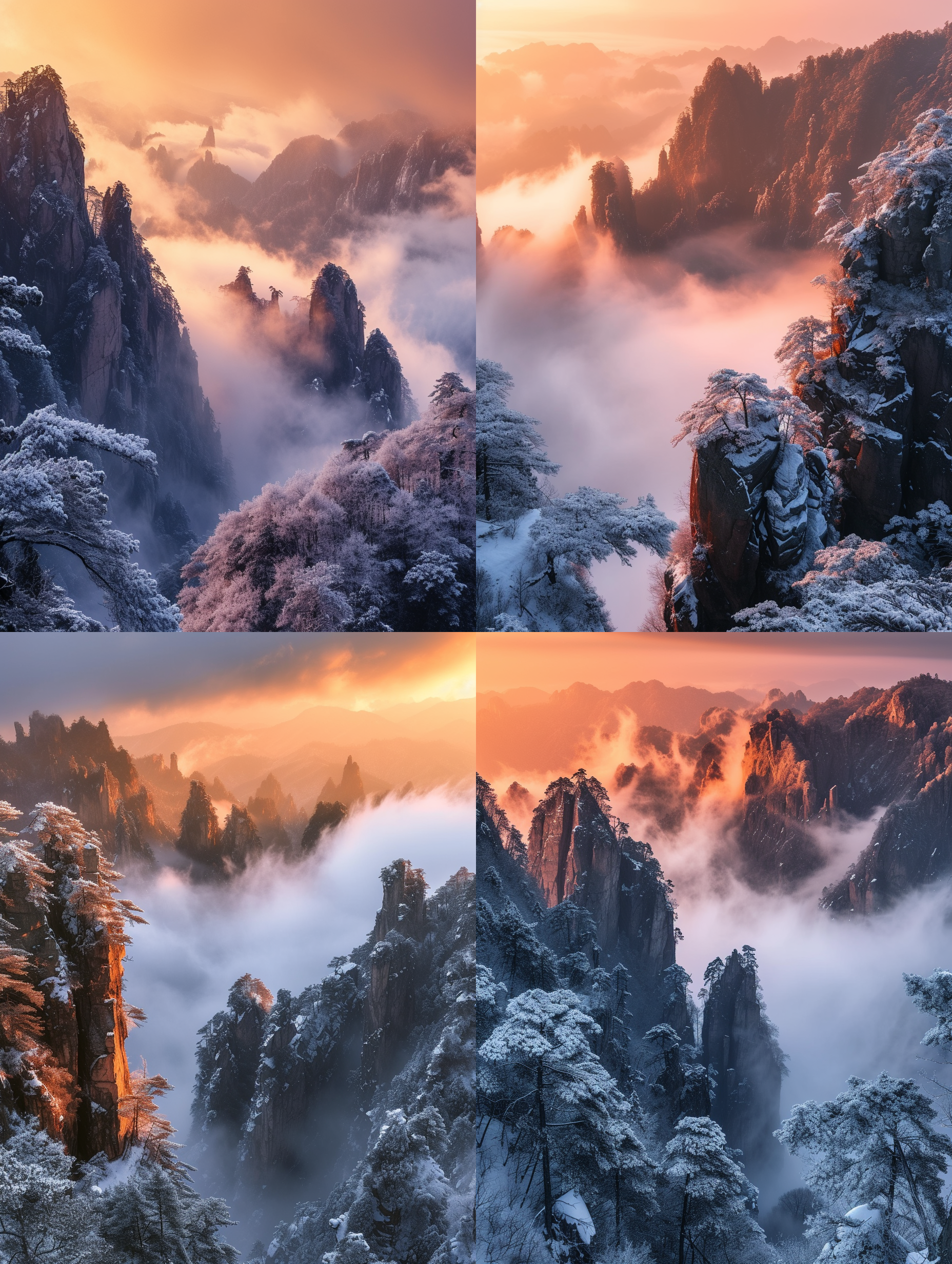 张家界和黄山的崇山峻岭相结合，长焦镜头，雪景，云遮雾绕，清晨的暖光在部分山峦上呈现橙黄色。