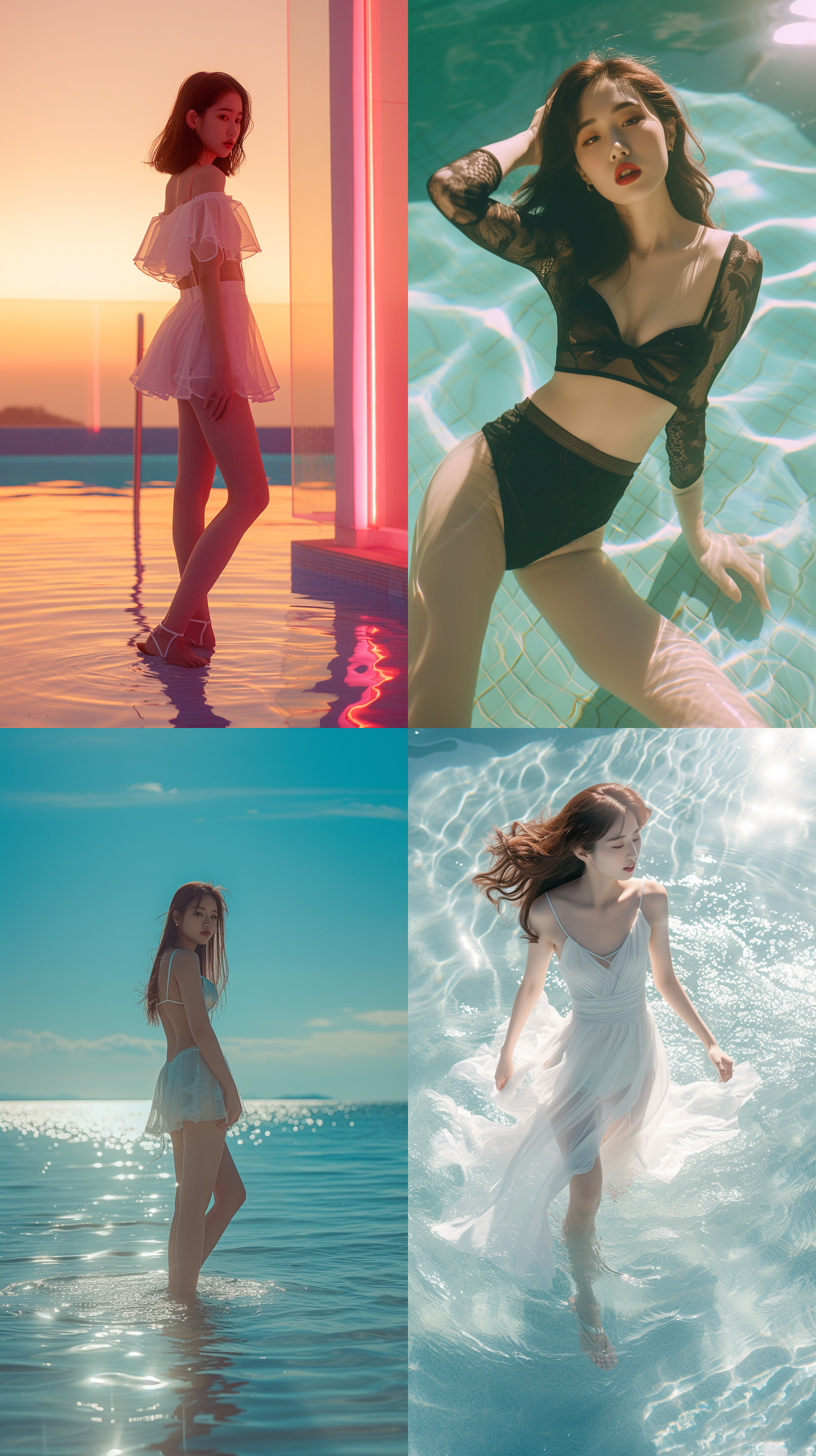 8k画质，中国绝世美女全身照。对角线布局，明亮色彩和柔和光线，突显出她的迷人风采和自信。五官端正的长腿少女在阳光下展现出苗条的身材，站在沙滩边，穿着丝袜和高跟鞋。泳池中的水波荡漾，为画面增添了动感。高清细节捕捉，迷人的表情、姿态，吸引人眼球。