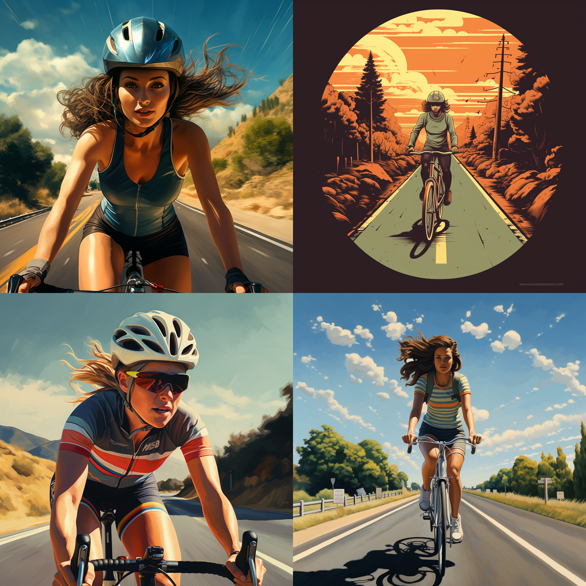 身穿骑行服的公路女孩,佩戴骑行头盔,有一辆很帅气的公路车,驰骋在高速公路上,高速两排树木丛生,