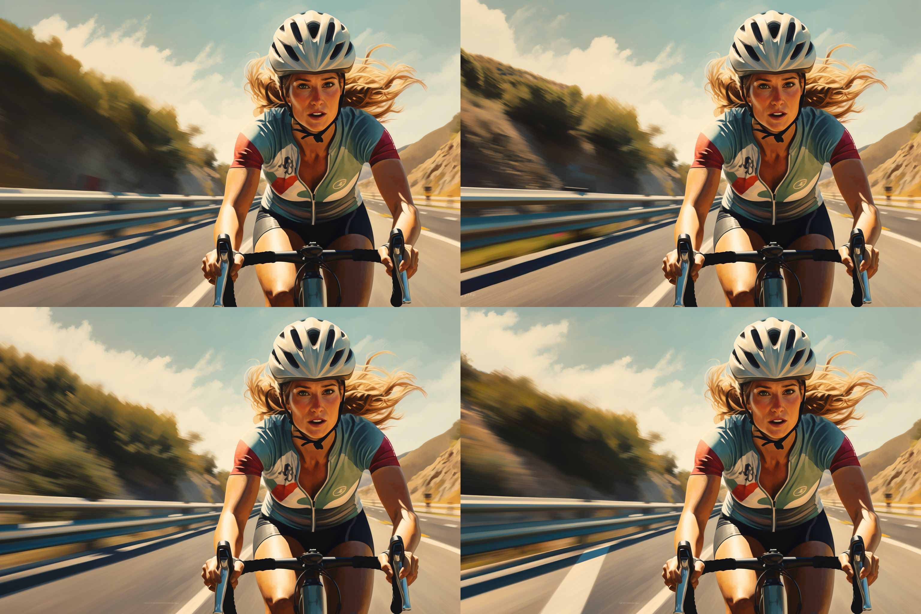 身穿骑行服的公路女孩,佩戴骑行头盔,有一辆很帅气的公路车,驰骋在高速公路上,高速两排树木丛生,