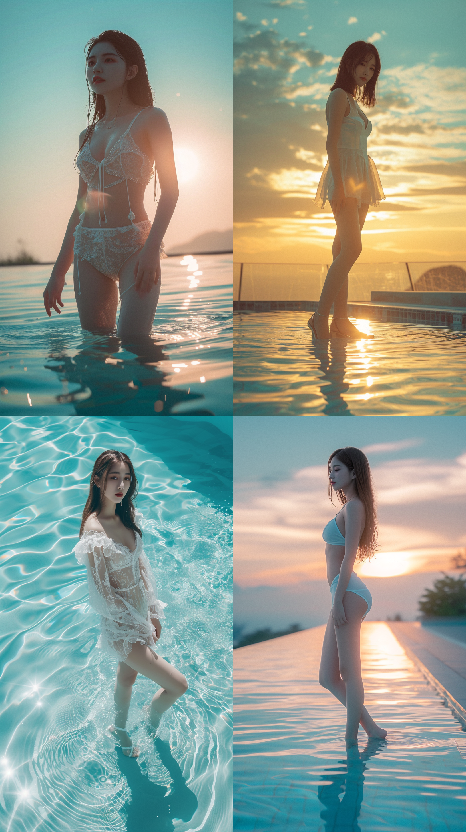 8k画质，中国绝世美女全身照。对角线布局，明亮色彩和柔和光线，突显出她的迷人风采和自信。五官端正的长腿少女在阳光下展现出苗条的身材，站在沙滩边，穿着丝袜和高跟鞋。泳池中的水波荡漾，为画面增添了动感。高清细节捕捉，迷人的表情、姿态，吸引人眼球。