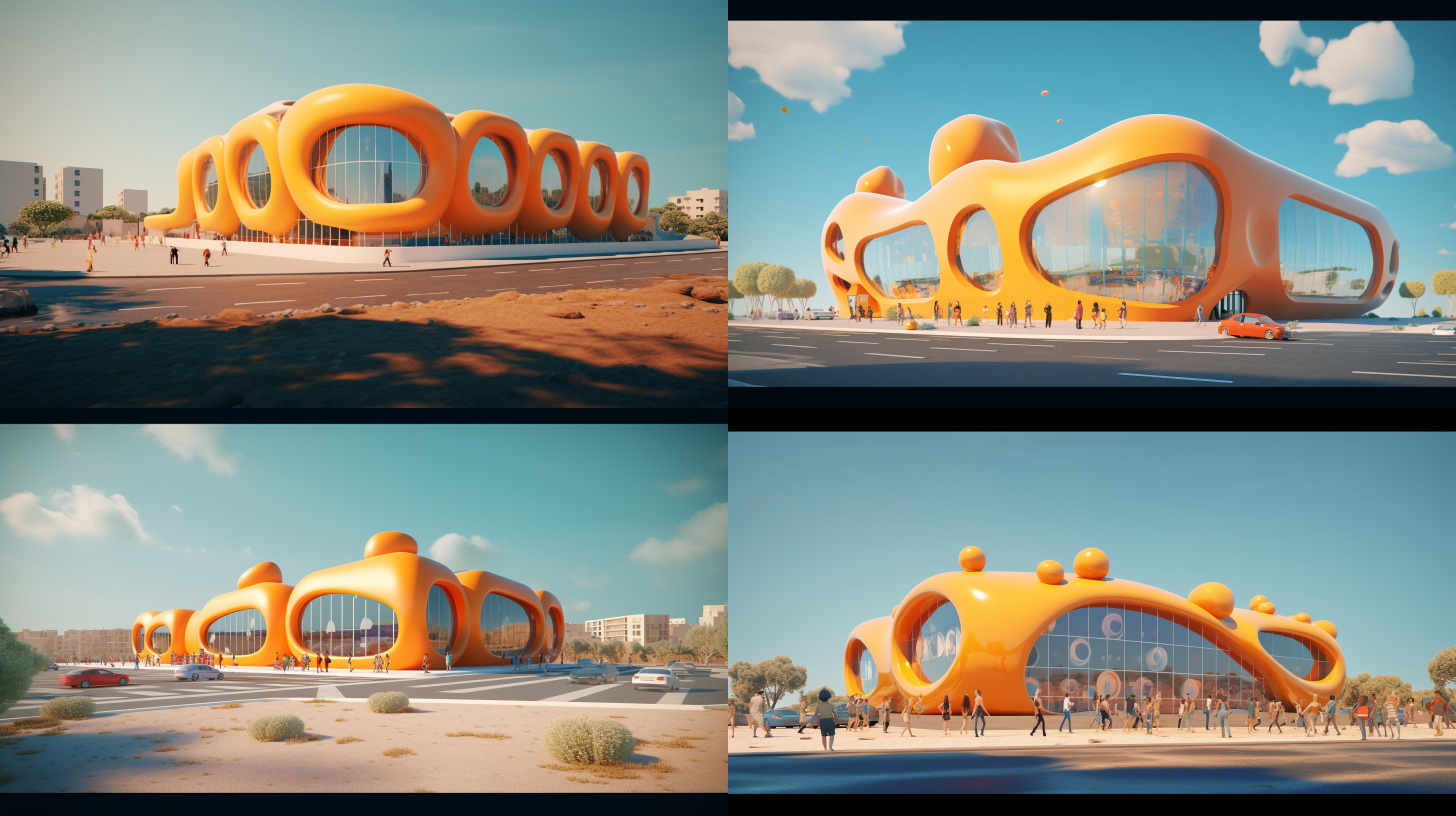 学校在海边，鸟瞰视角，明亮色调，长焦镜头，蓝天白云，学生们跳跃在沙滩上，欢笑。