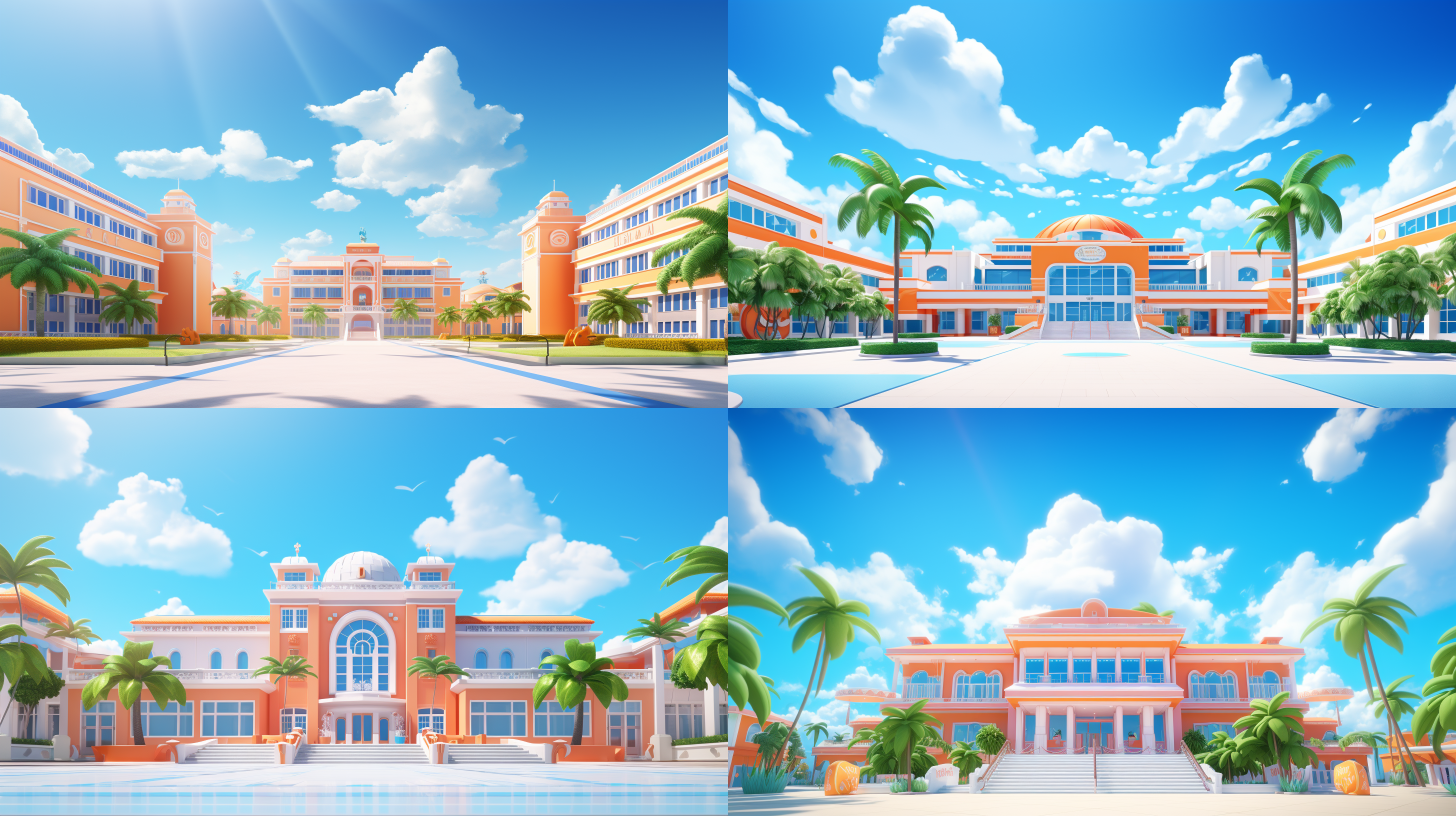 一座学院建筑，橙色海边，蓝天白云背景，椰树。外观雄伟。透视，高端自然配色，泡泡商城风格，明亮和谐，可爱多彩，光线追踪，设计简洁，ip盲盒形象，海派，有机雕塑，c4d风格，卡通写实，图书插图风格，4k展示