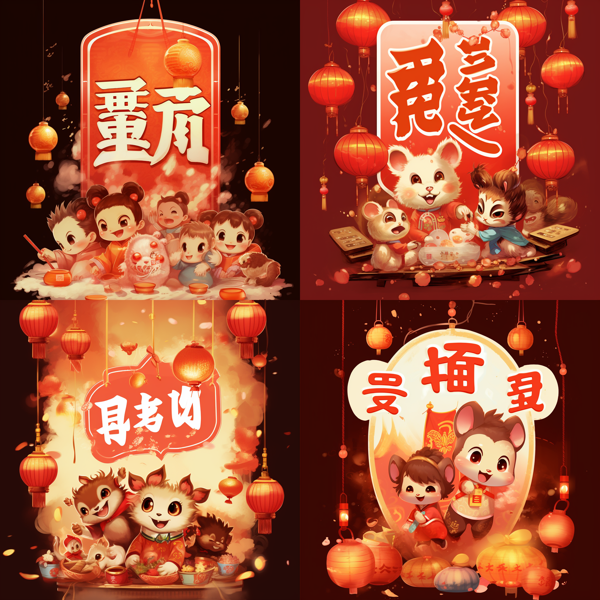 农历新年祝福，花灯璀璨，色彩缤纷，烟花绽放，喜气洋洋，大红灯笼高高挂，鞭炮声声入耳，团圆饭桌上的美食，欢声笑语，幸福满溢。