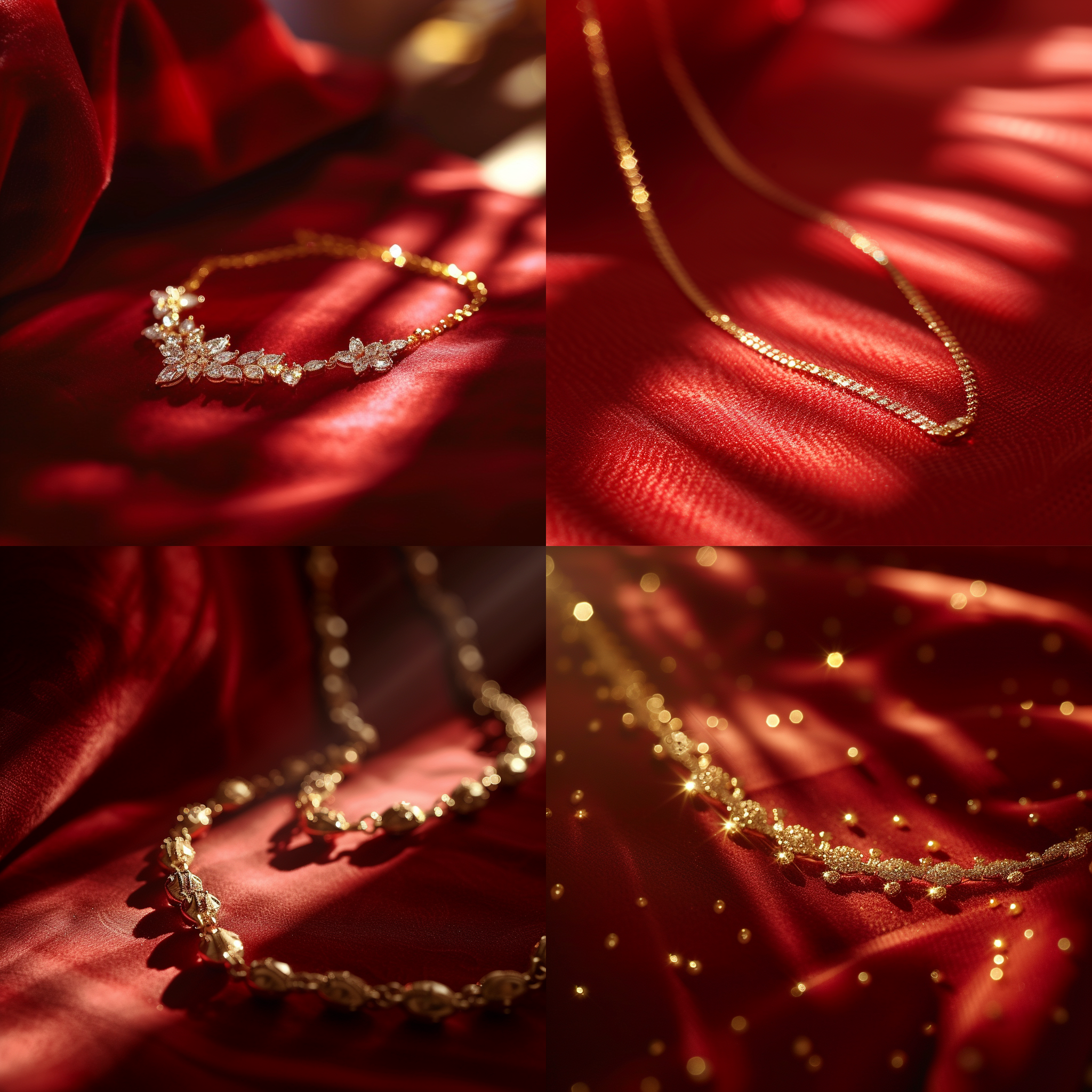 黄金首饰，摆放在细致的红色绒布上，光线从侧面透过窗户照射进来，形成柔和的阴影。镜头聚焦在一条精美的项链上，闪耀着金光。背景中有一束光线映射在墙上，增添了奢华感。黄金首饰的细节清晰可见，色彩明亮，充满贵气和独特的魅力。珠宝，细节，红色，光线，奢华，金光，贵气，魅力。