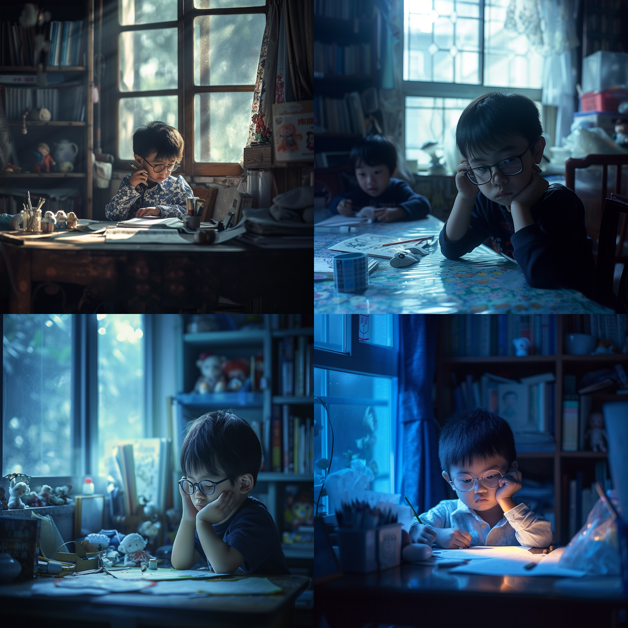 杨柳青年画娃娃，小男孩戴眼镜发愁写作业。构图对角线布局，小男孩坐在桌前，背景是书架和窗户。照片风格偏暗，蓝色调，使用长焦镜头拍摄，光线柔和，窗外的阳光投射进来。小男孩的表情忧虑，手托着脸，笔卷在手中，呈现出紧张的情绪。