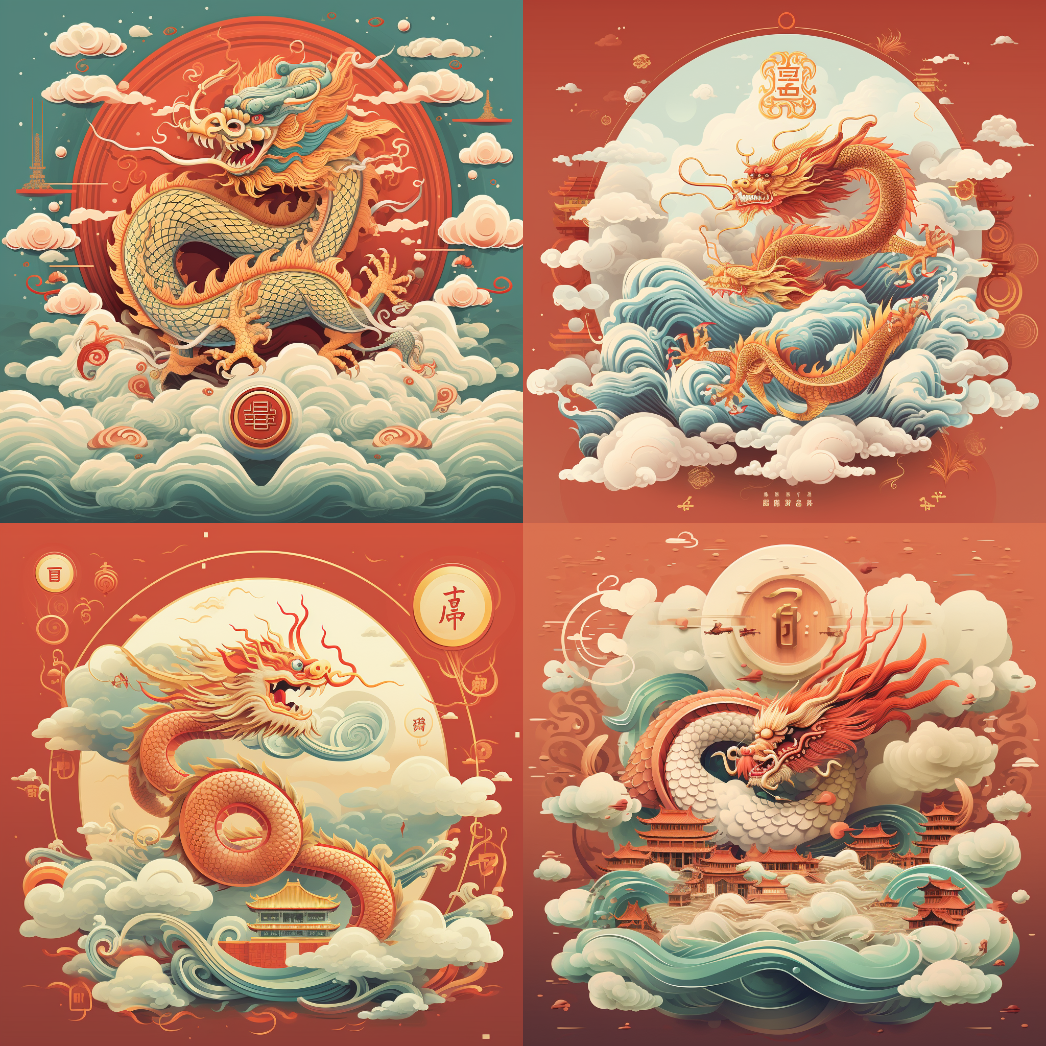 龙年海报，红金主导，充满活力喜庆。威严中国龙居中，风格化，盘旋或翱翔云中。传统中国书法元素。平衡构图，视觉吸引力强。高饱和度，金色调，中国元素，书法，对角线布局，云朵背景，威严，喜庆，力量，好运。