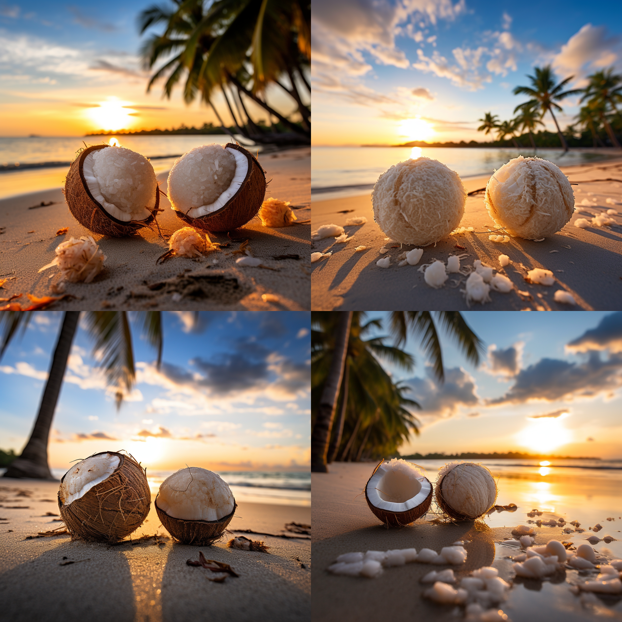 椰子球在热带沙滩上，夕阳下的海景照片。靠近地平线的椰子球形成了对角线构图，配合柔和的光线和温暖的色调，营造出宁静而浪漫的氛围。使用广角镜头捕捉到整个海滩的广阔景象，椰树和蓝天白云构成了画面的元素。海浪拍打着岸边，呈现出动感和生命力。椰子球代表着度假和热带风情，给人一种轻松和愉悦的感觉。
