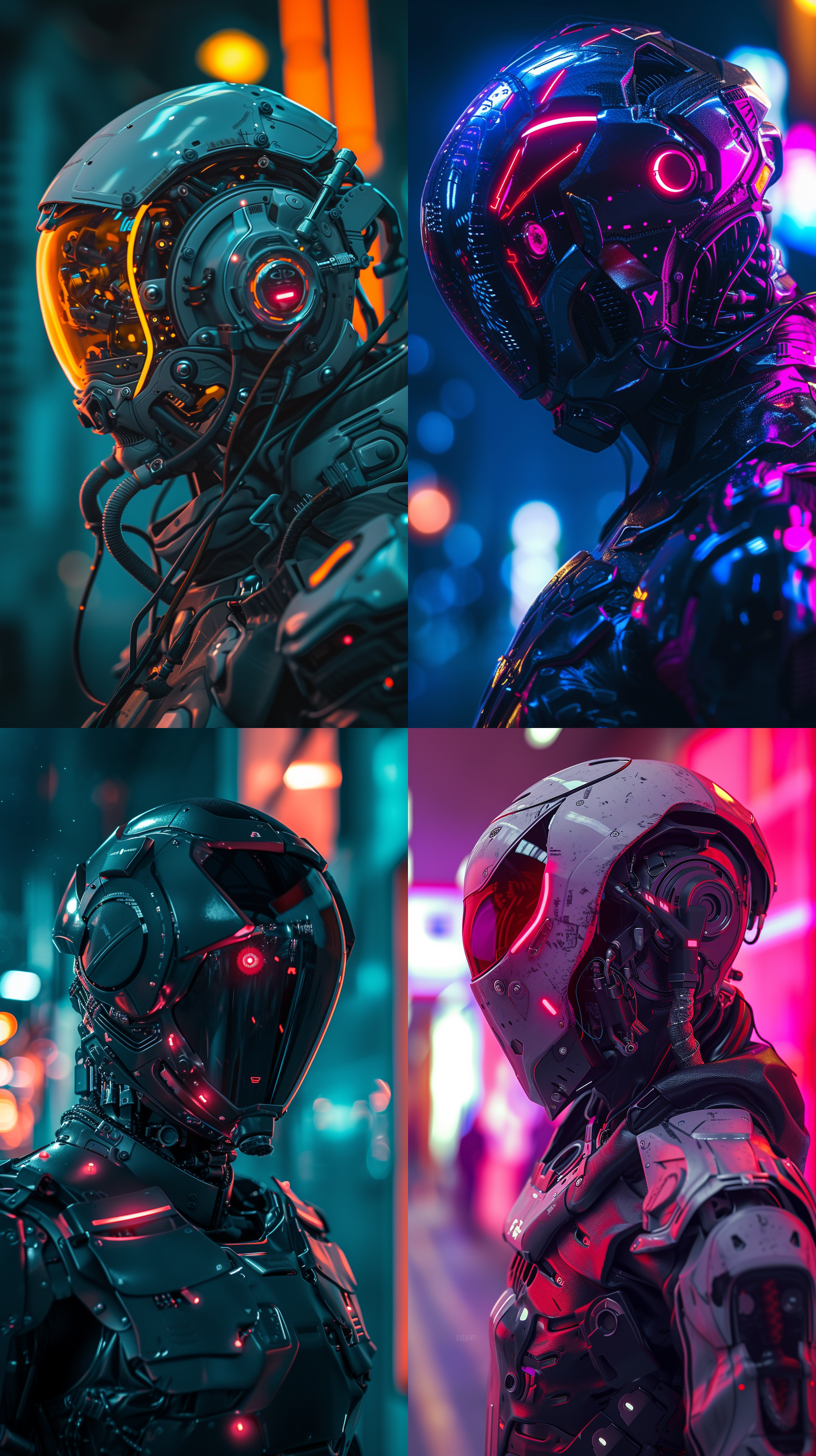 ((best quality)), ((masterpiece)), (detailed),hyper realistic, photorealistic, 8k, award winning photo, perfectly detailed, symmetrical, high fidelity, cinematic, coherent, cohesive. a detailed and macro photograph, captured using a sony a7r camera with an fe 50mm - f 2.8 gm lens, epic cyberpunk robot, cyberpunk colors, full body suit and helmet, visor