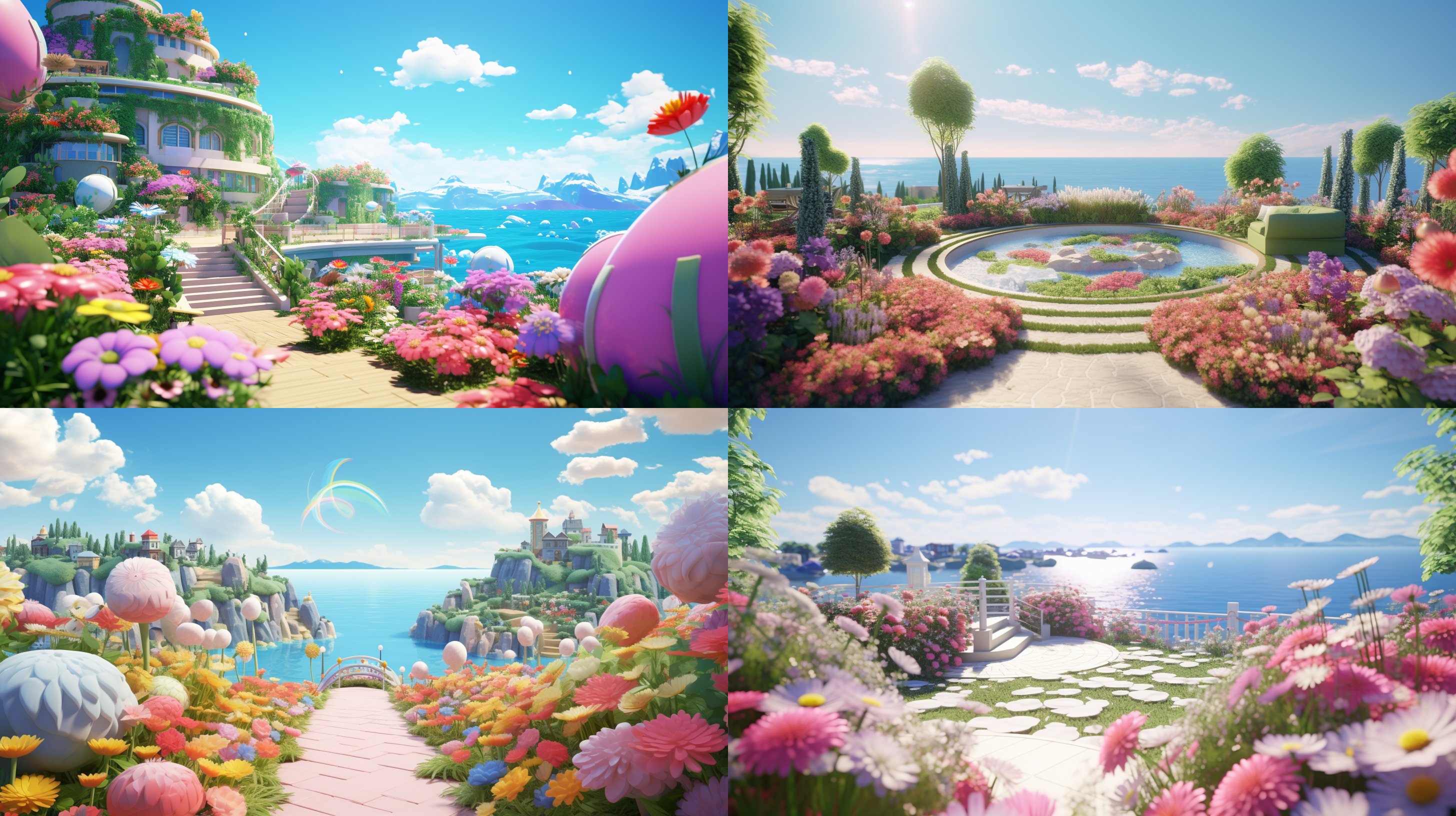 美丽小花园，鲜花草坪，海天背景，鸟瞰视角，自然充实。高端自然配色，泡泡商城风格，明亮和谐，可爱多彩，光线追踪，设计简洁，ip盲盒形象，海派，有机雕塑，c4d风格，卡通写实，图书插图风格，4k展示。