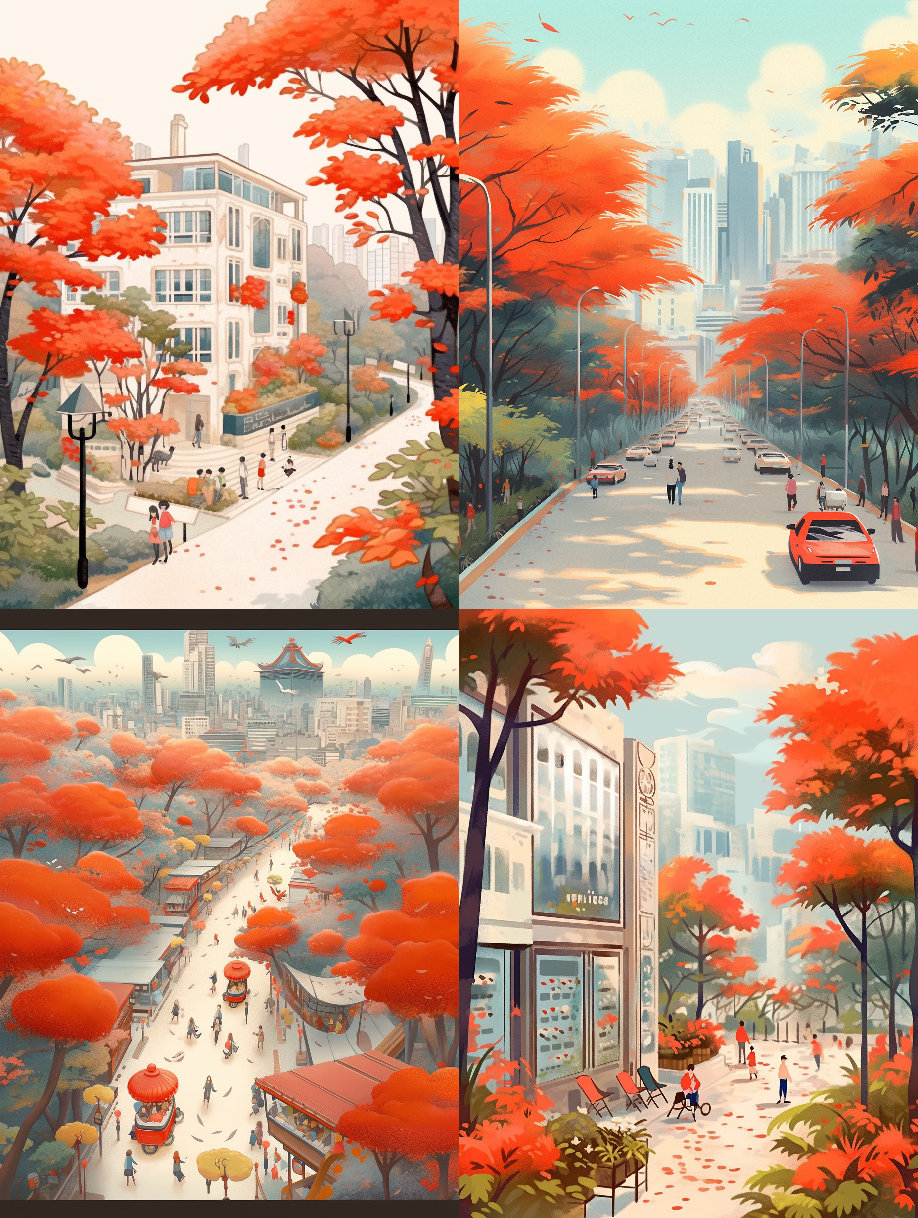 扁平插图，深圳市中充满红花的红棉树，水彩城市素描，装饰艺术风格，美丽治愈，采用竹政良的风格，细腻的笔触，精致的细节。