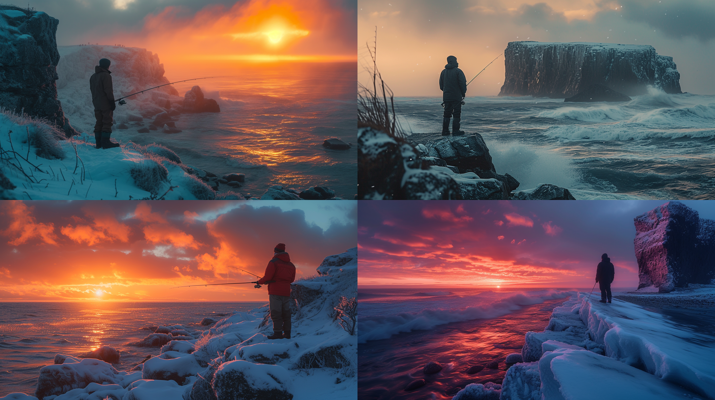 孤岛上男人拿着鱼竿，远景是未融化的雪覆盖的石头。海浪拍打在礁石上，落日余晖照射下，创造出紧张刺激的氛围感。照片采用16k高清晰度，展现超细节，通过对角线布局和高对比度，呈现出戏剧性的画面效果。鱼竿的动作和男人的表情传递出充满期待和兴奋的情感。