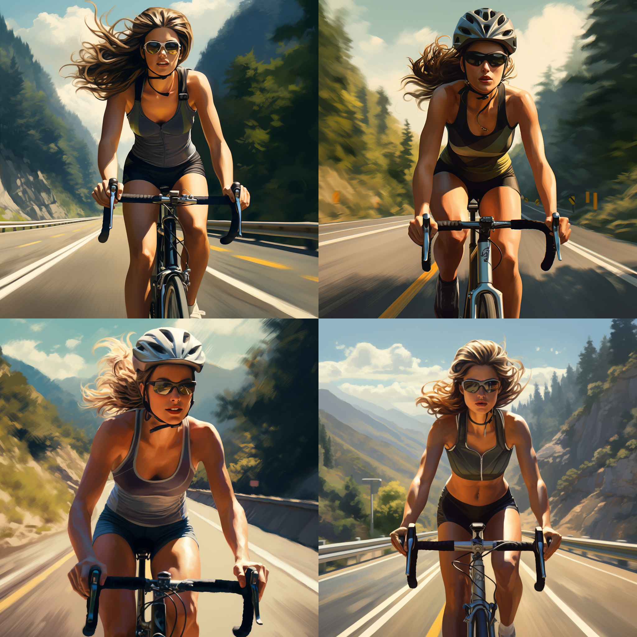 身穿骑行服的公路女孩,佩戴骑行头盔,有一辆很帅气的公路车,驰骋在高速公路上,高速两排树木丛生,