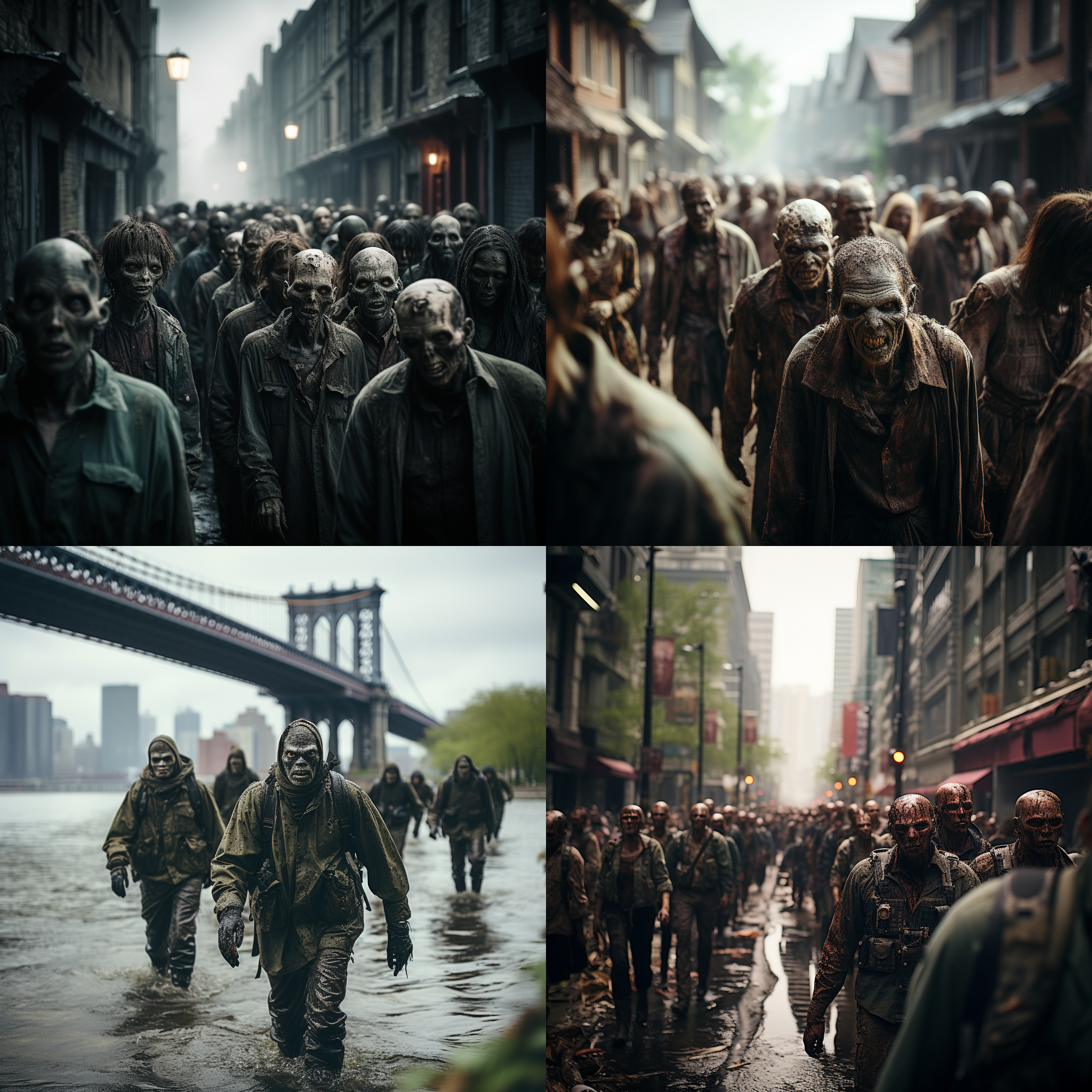 丧尸攻击人类，世界末日，紧张压抑，恐惧，电影效果，4k，全景照，尼康750拍摄，