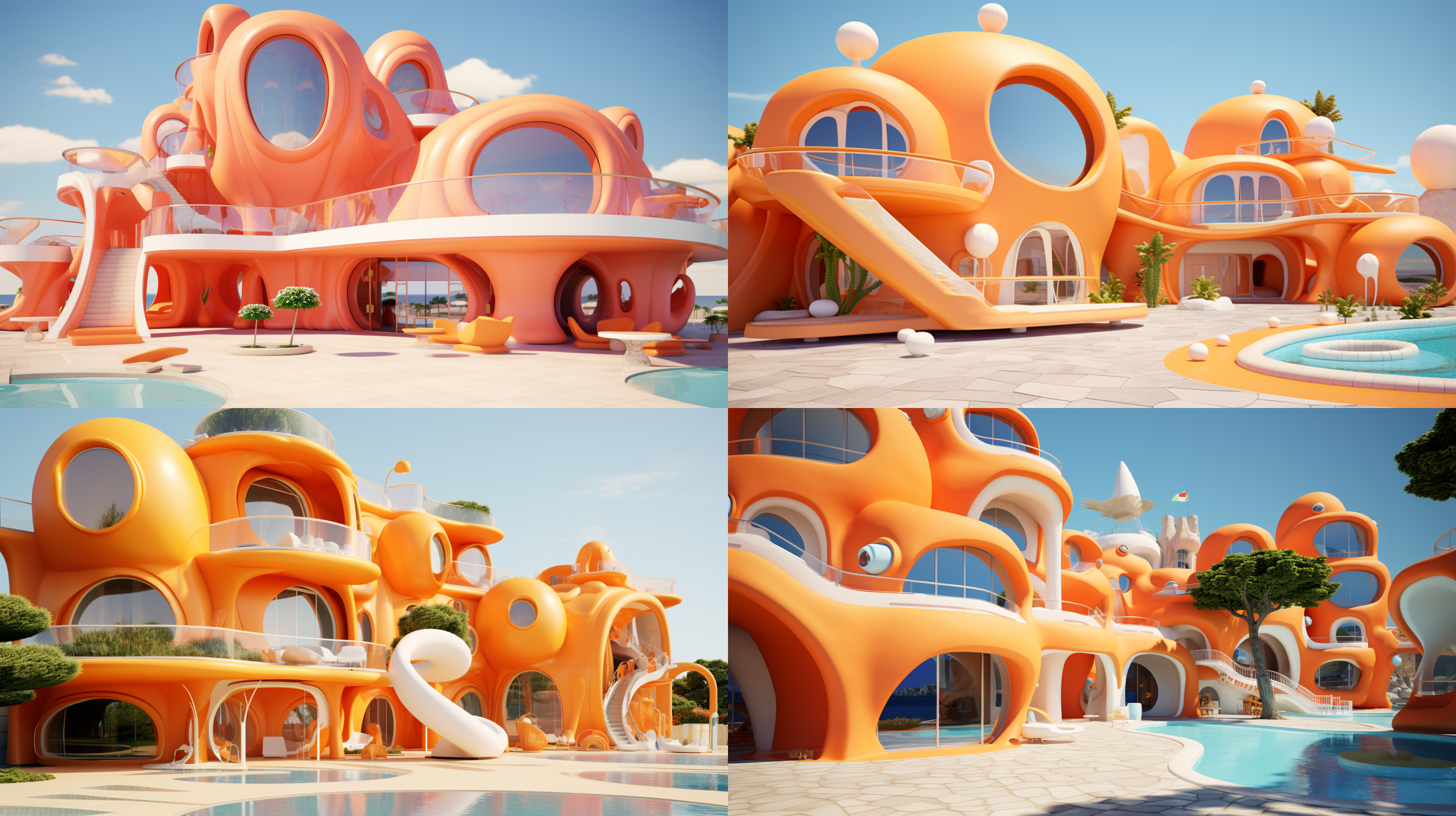 超现实主义海边大酒店外观，橙色，高端自然配色，明亮和谐，可爱多彩，光线追踪，泡泡商城风格，设计简洁，ip盲盒形象，人物设计细节，有趣的人物设计，行为，海派，有机雕塑，c4d风格，卡通写实，图书插图风格，4k展示