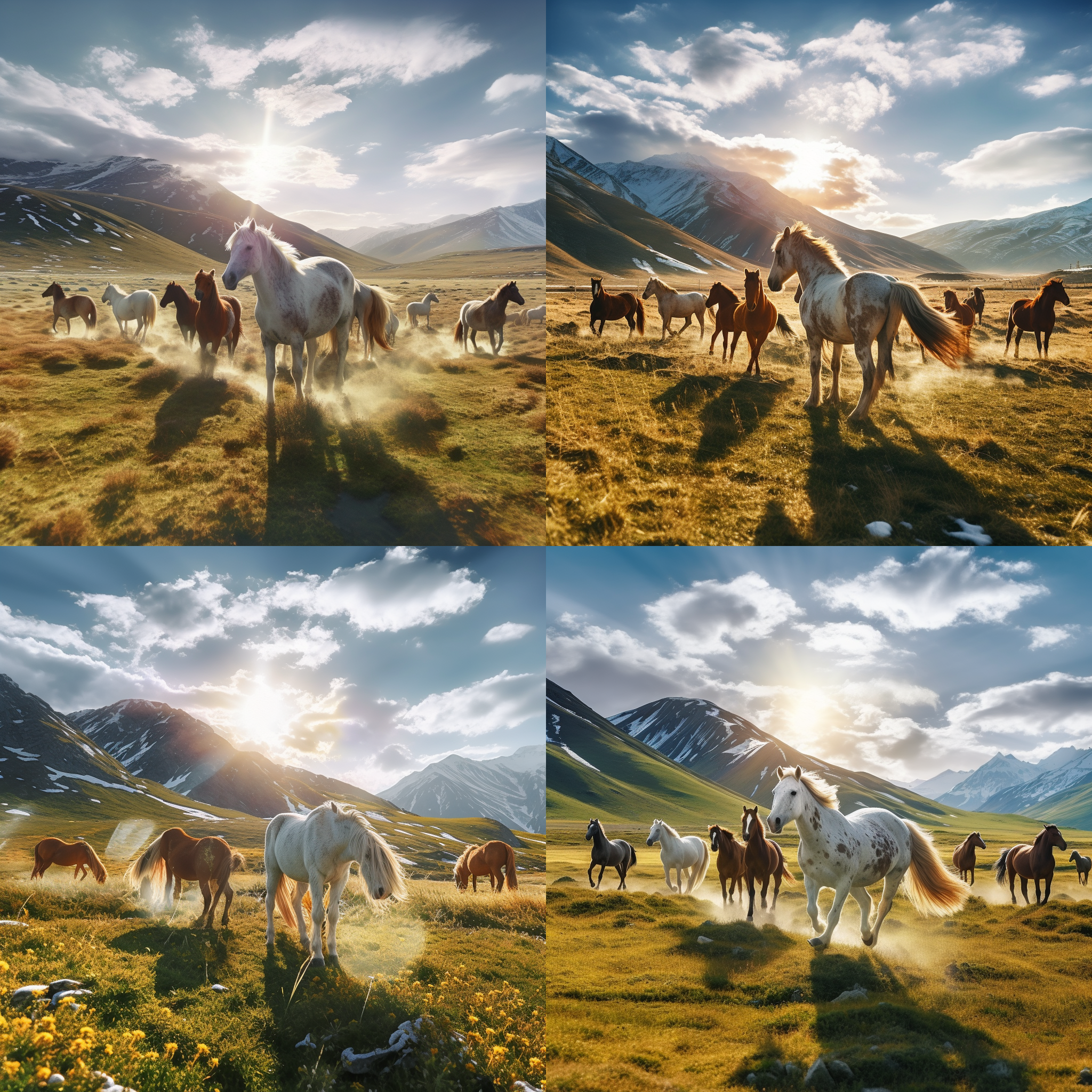 雪山草原，骏马群吃草，金黄雄马跃起，阳光照射，丁格尔光效，实景照气风格，ar16:9，高动态范围，广角镜头，自然色彩，自由奔放，壮丽景象。