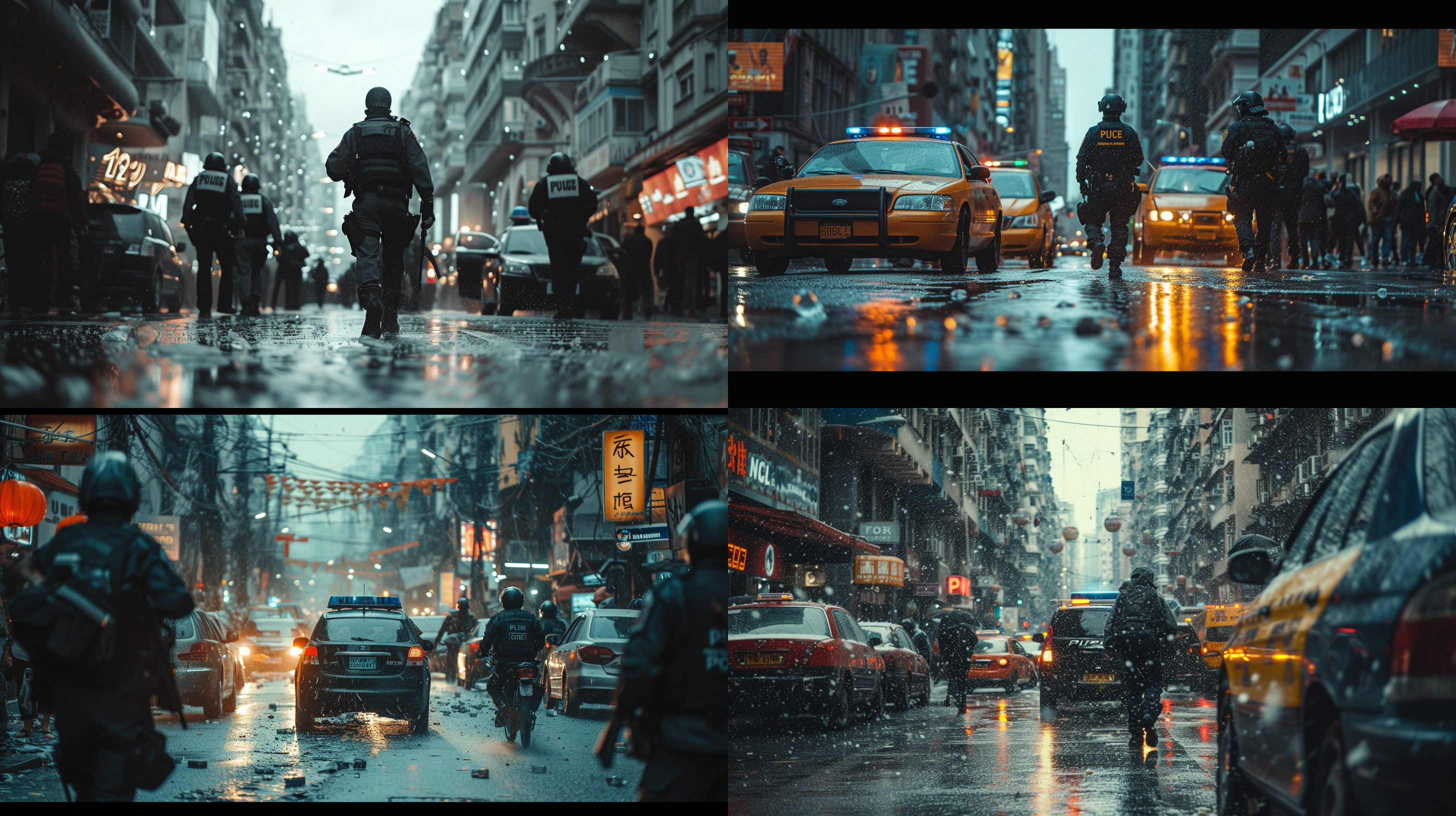 街头警匪冲突，对角线构图，广角镜头，街景建筑行人，紧迫感，震撼力，视觉冲击强烈，街景，宽景，速度与激情。