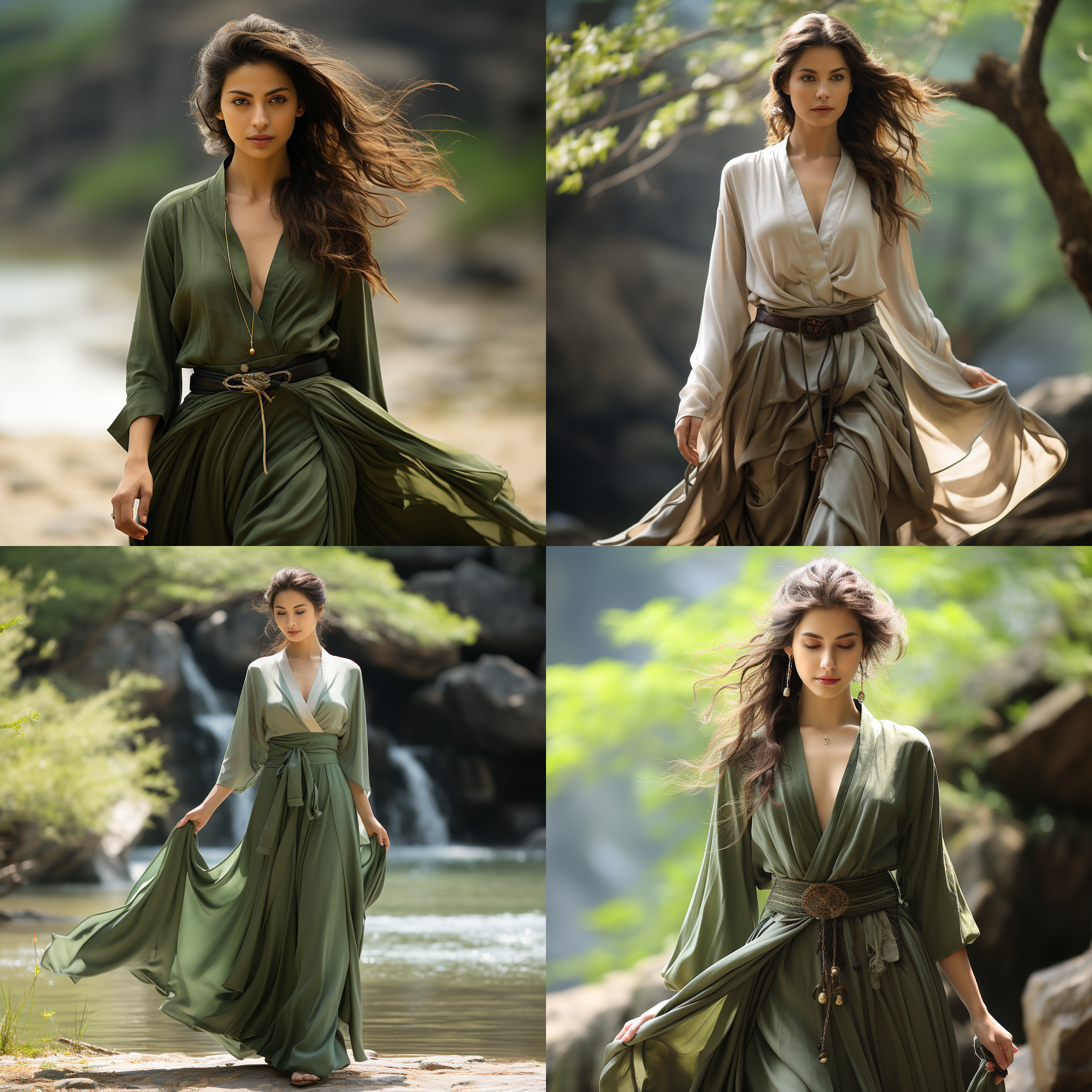 禅者步行，正面取景，中国古代女人形象，野外环境，彩色照片。柔和的光线，长焦镜头，静态动作，自然元素，优雅，宁静，平和。