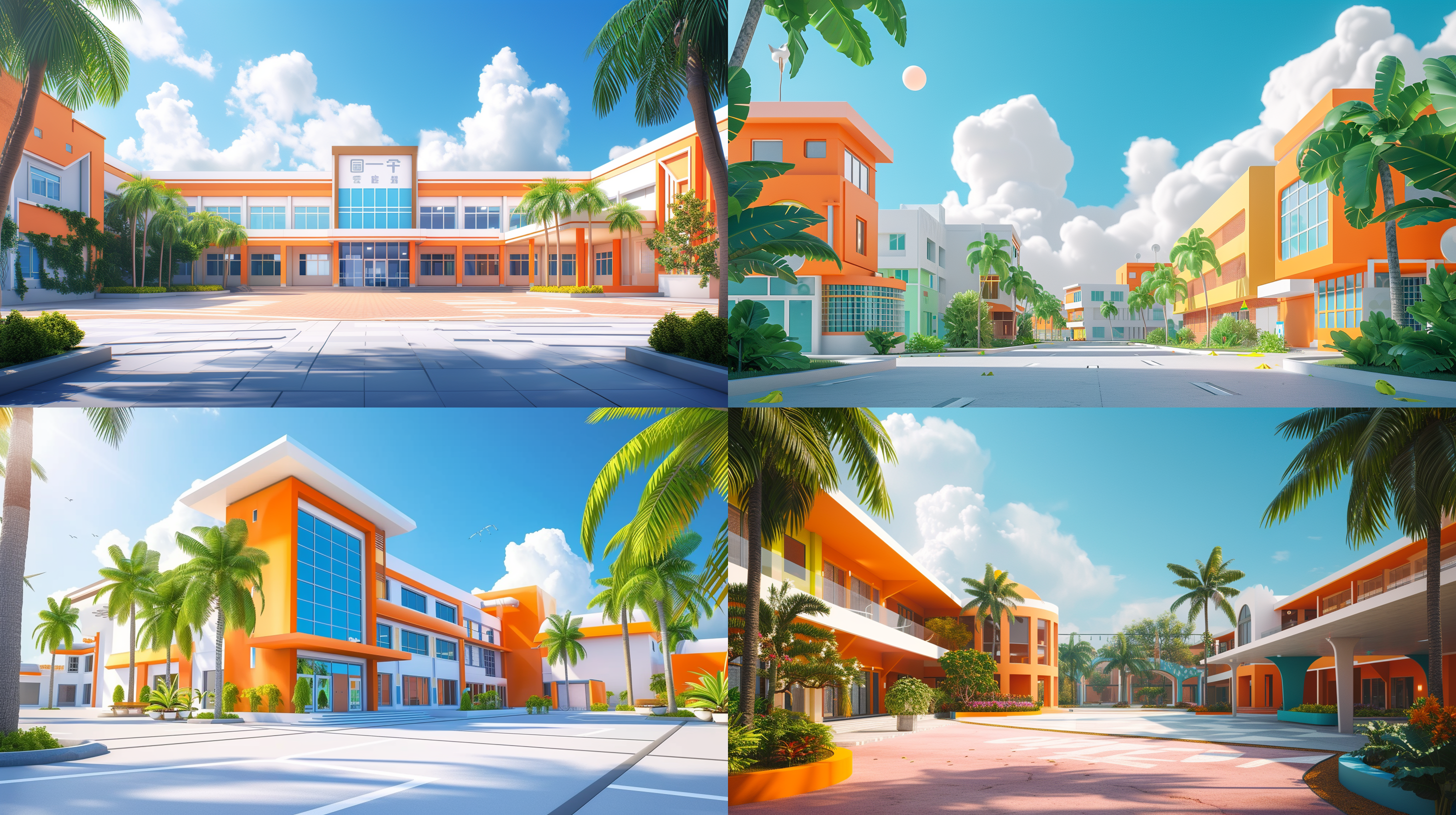 一座学校，橙色白色为主，近景，可爱造型，海边，蓝天白云背景，椰树。外观雄伟。高端自然配色，泡泡商城风格，明亮和谐，可爱多彩，光线追踪，设计简洁，ip盲盒形象，海派，有机雕塑，c4d风格，卡通写实，图书插图风格，4k展示