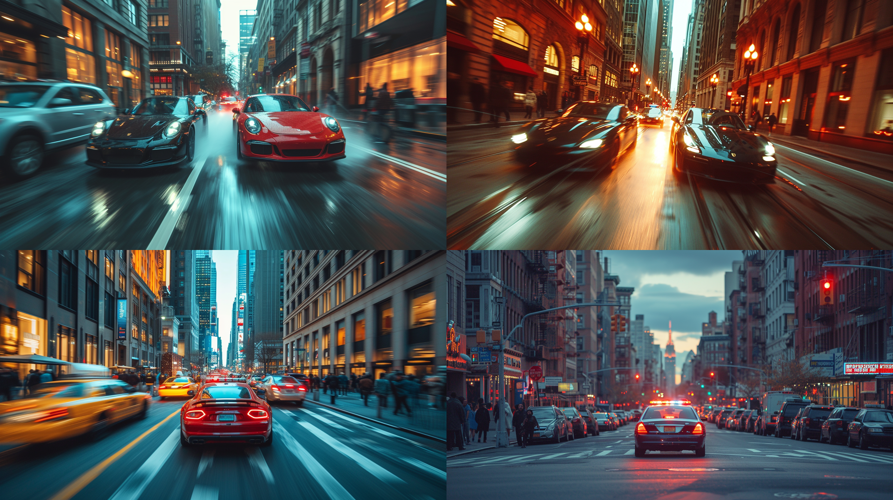 街头警匪冲突，街头汽车追逐，构图对称，广角镜头，街景、建筑行人，紧迫感，震撼力，视觉冲击强烈，街景，宽景，速度与激情。